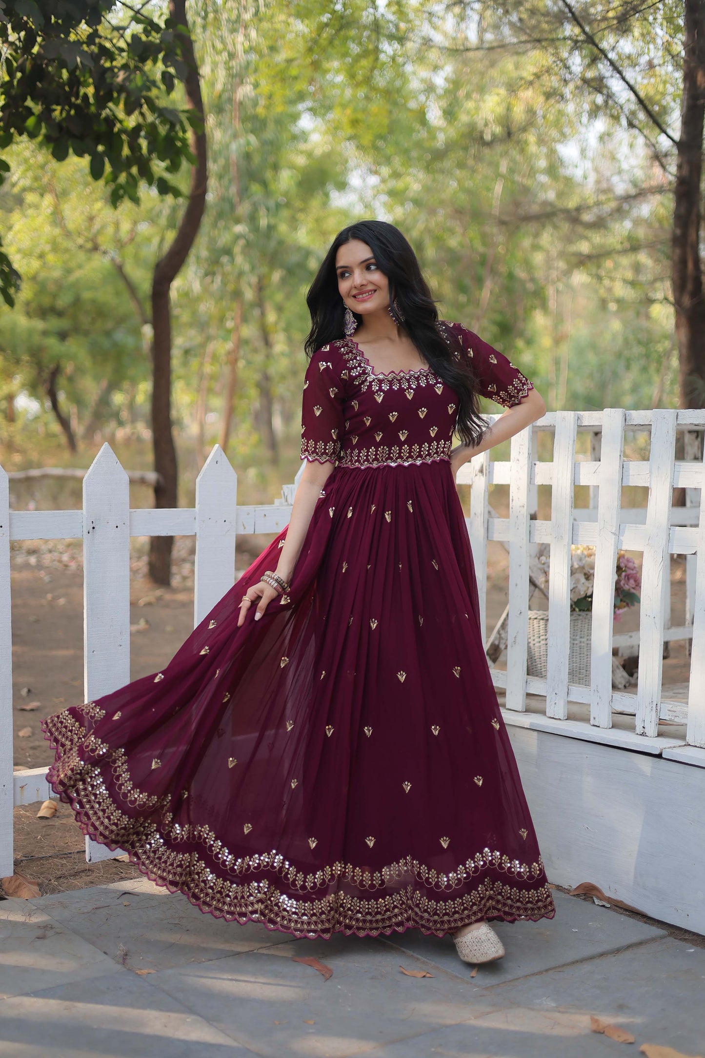 Brown Sequins Embroidered Readymade Anarkali Gown – Faux Blooming with Zari Work