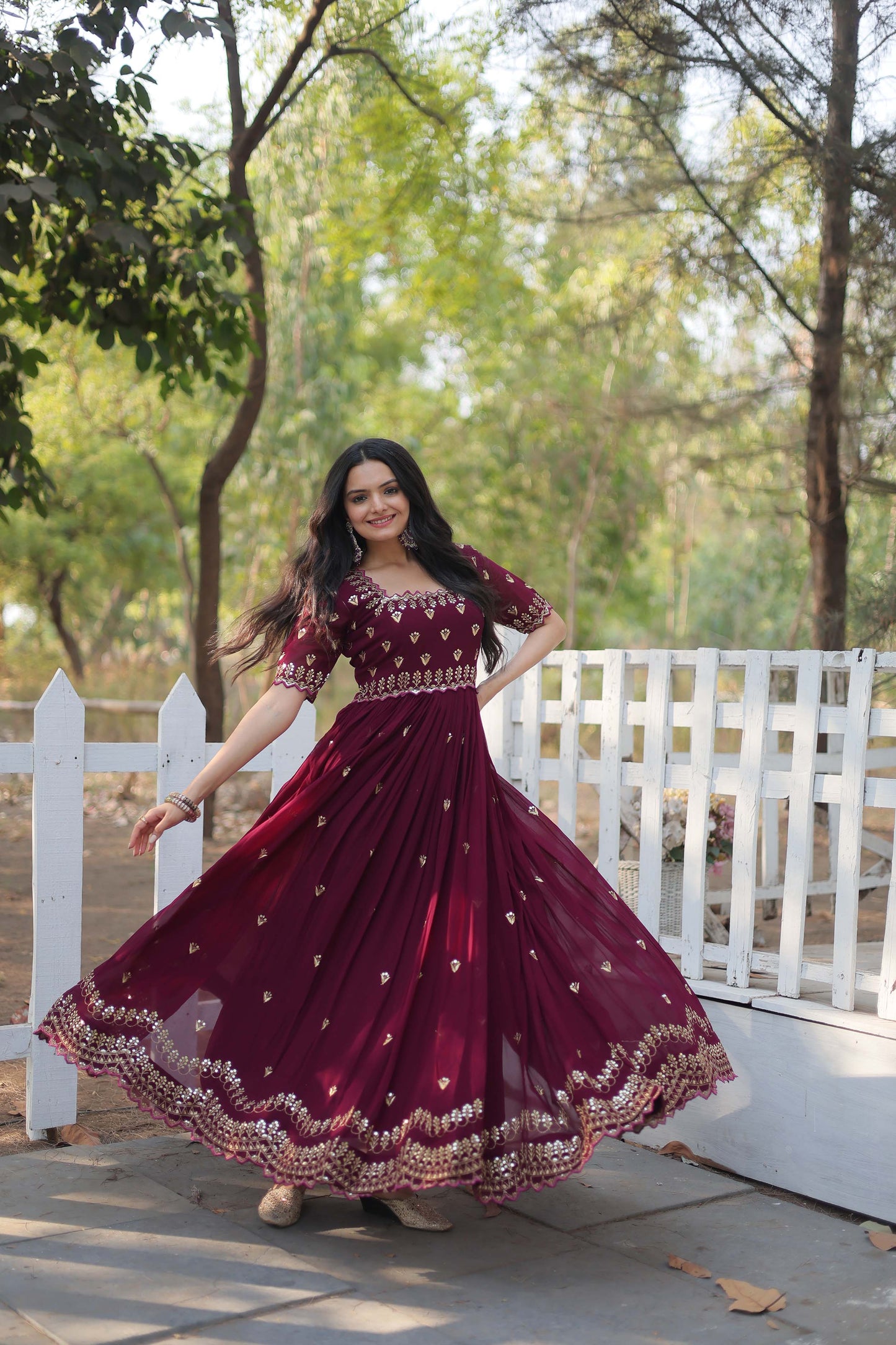 Brown Sequins Embroidered Readymade Anarkali Gown – Faux Blooming with Zari Work