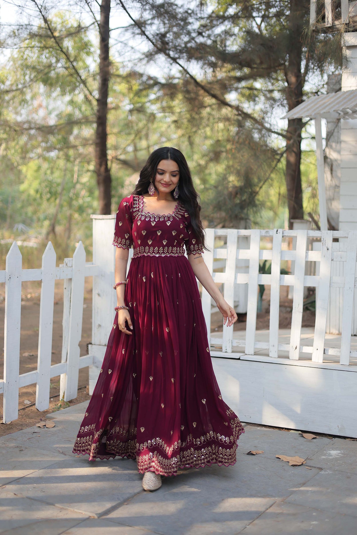 Brown Sequins Embroidered Readymade Anarkali Gown – Faux Blooming with Zari Work