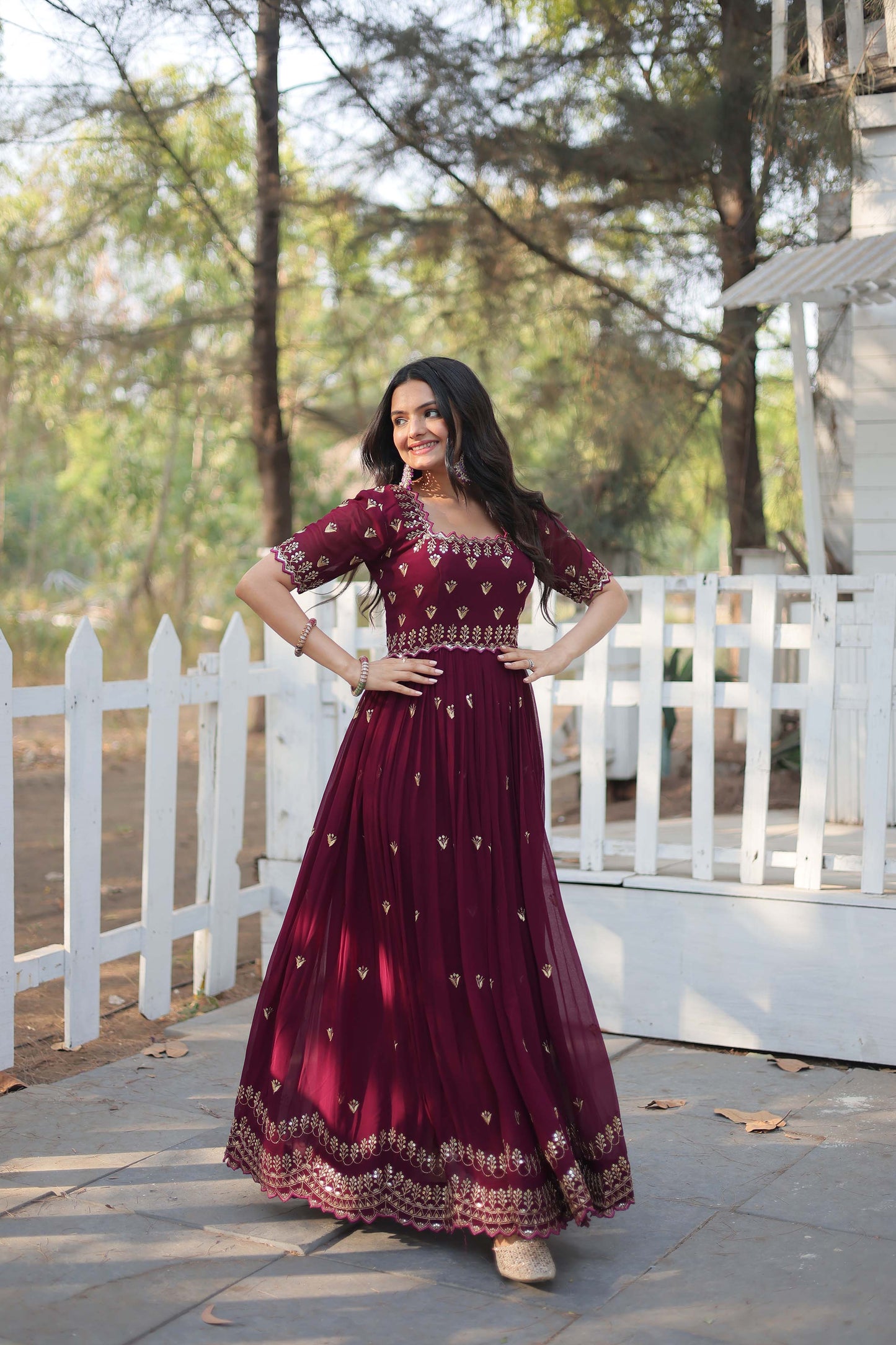 Brown Sequins Embroidered Readymade Anarkali Gown – Faux Blooming with Zari Work