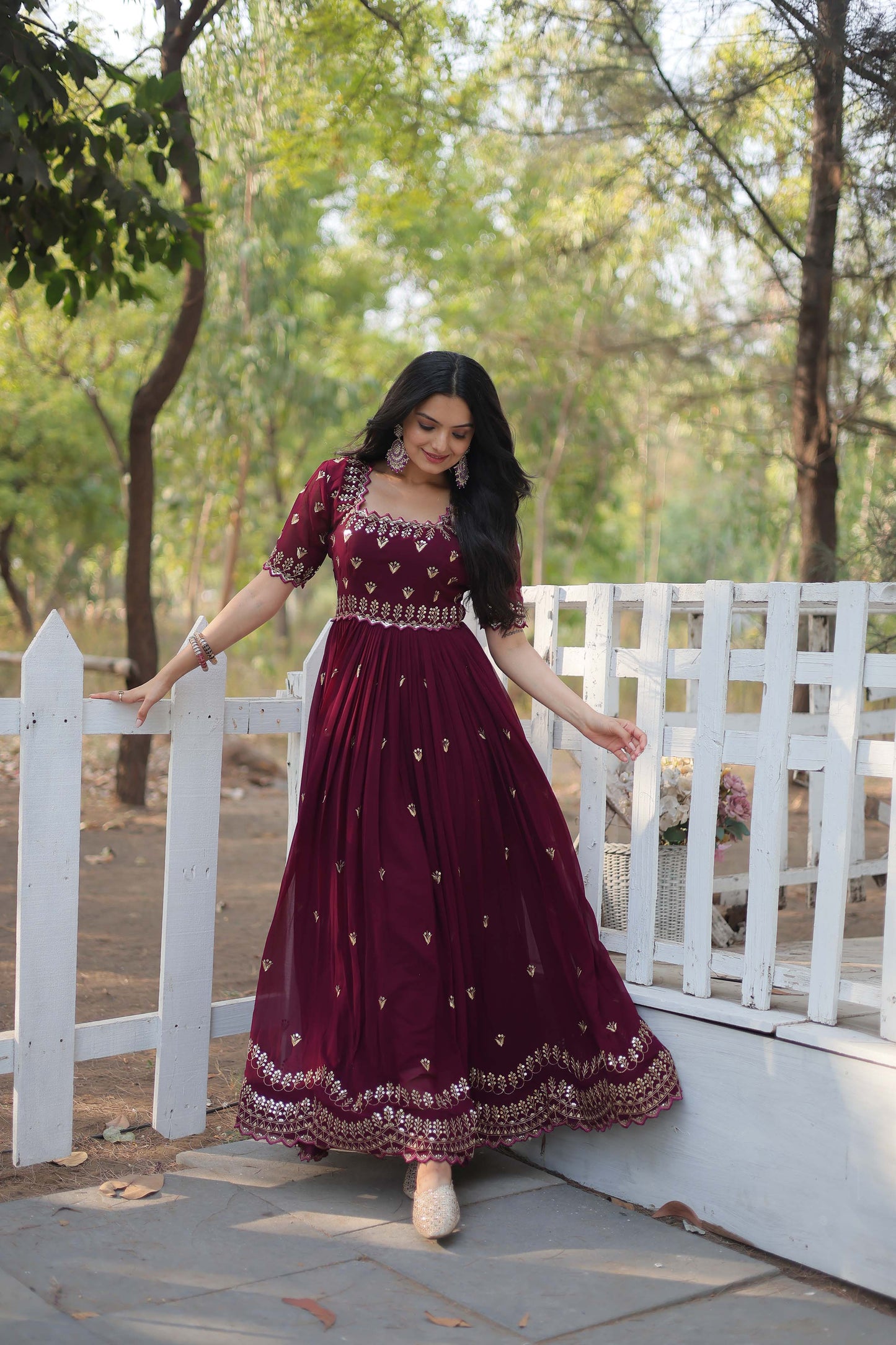 Brown Sequins Embroidered Readymade Anarkali Gown – Faux Blooming with Zari Work