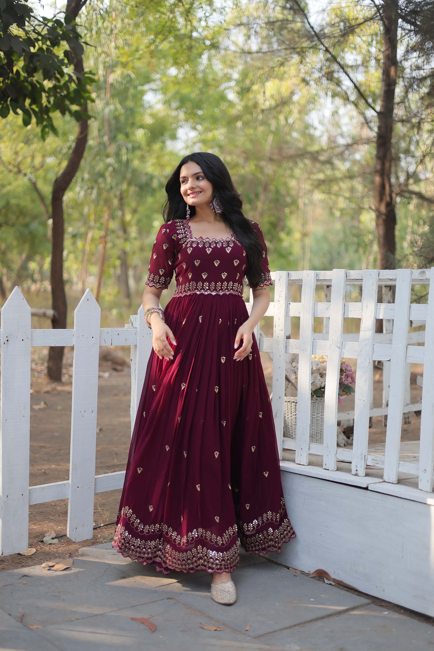 Brown Sequins Embroidered Readymade Anarkali Gown – Faux Blooming with Zari Work