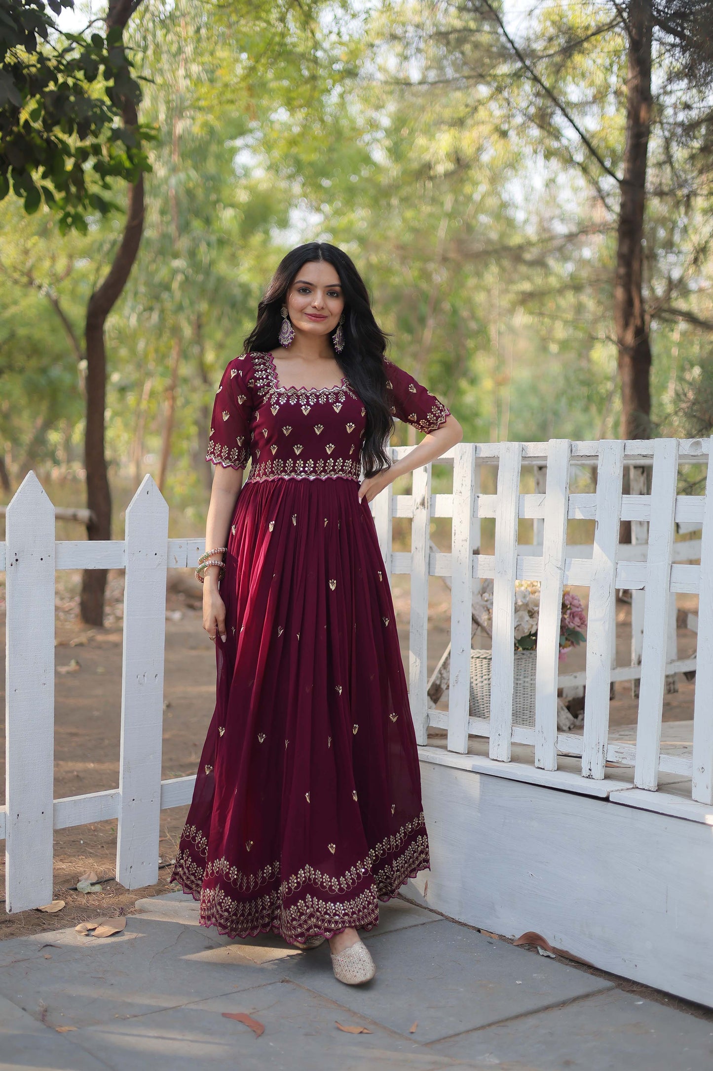 Brown Sequins Embroidered Readymade Anarkali Gown – Faux Blooming with Zari Work