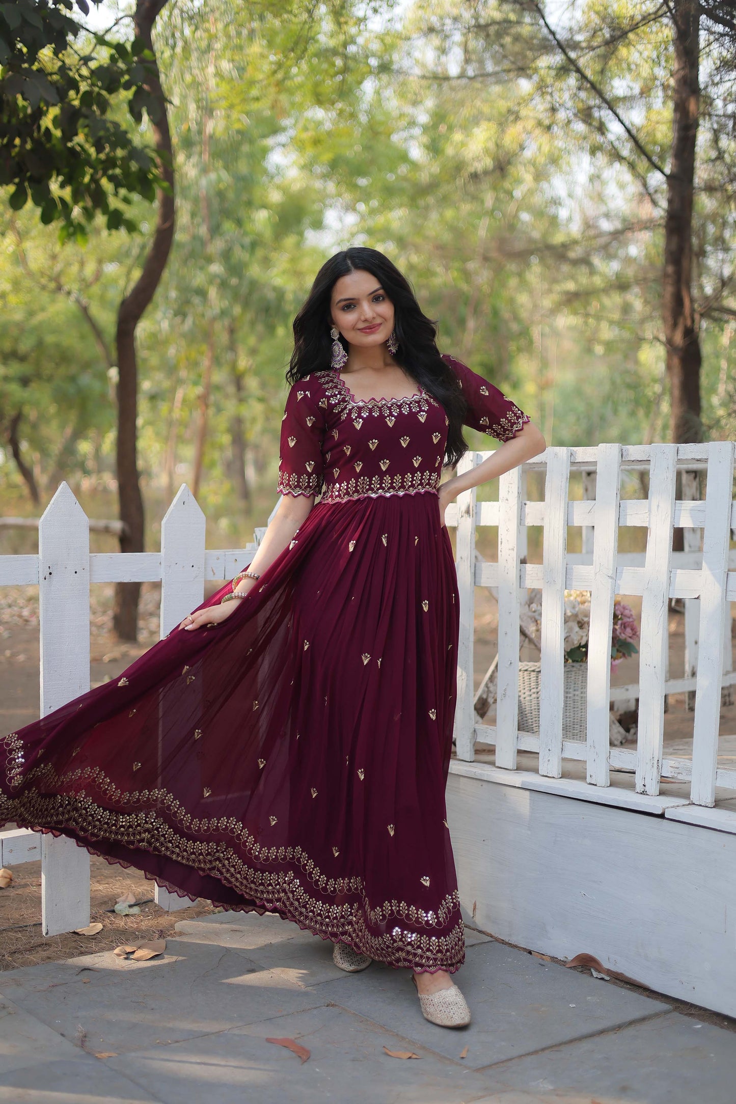 Brown Sequins Embroidered Readymade Anarkali Gown – Faux Blooming with Zari Work