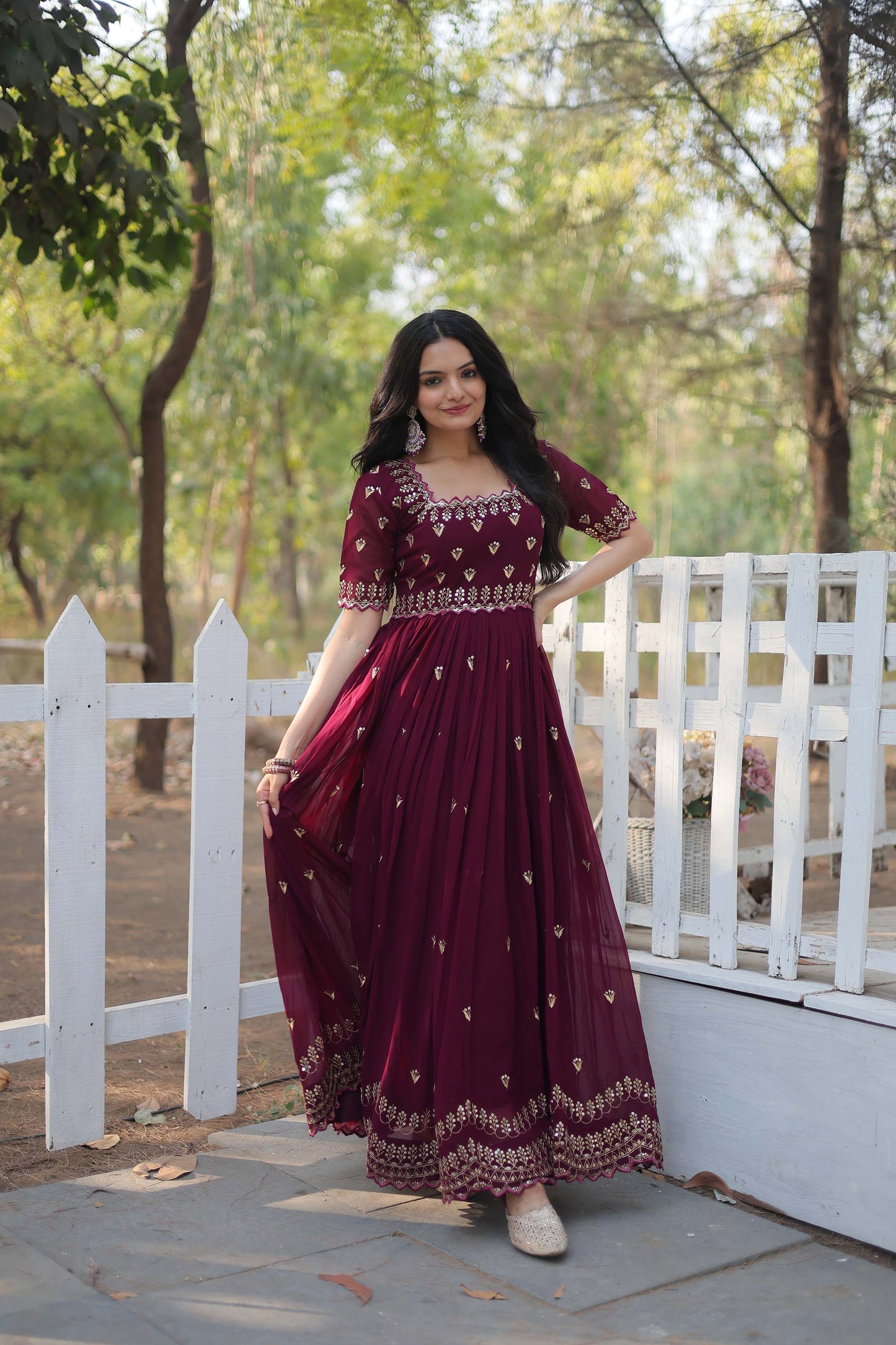 Brown Sequins Embroidered Readymade Anarkali Gown – Faux Blooming with Zari Work