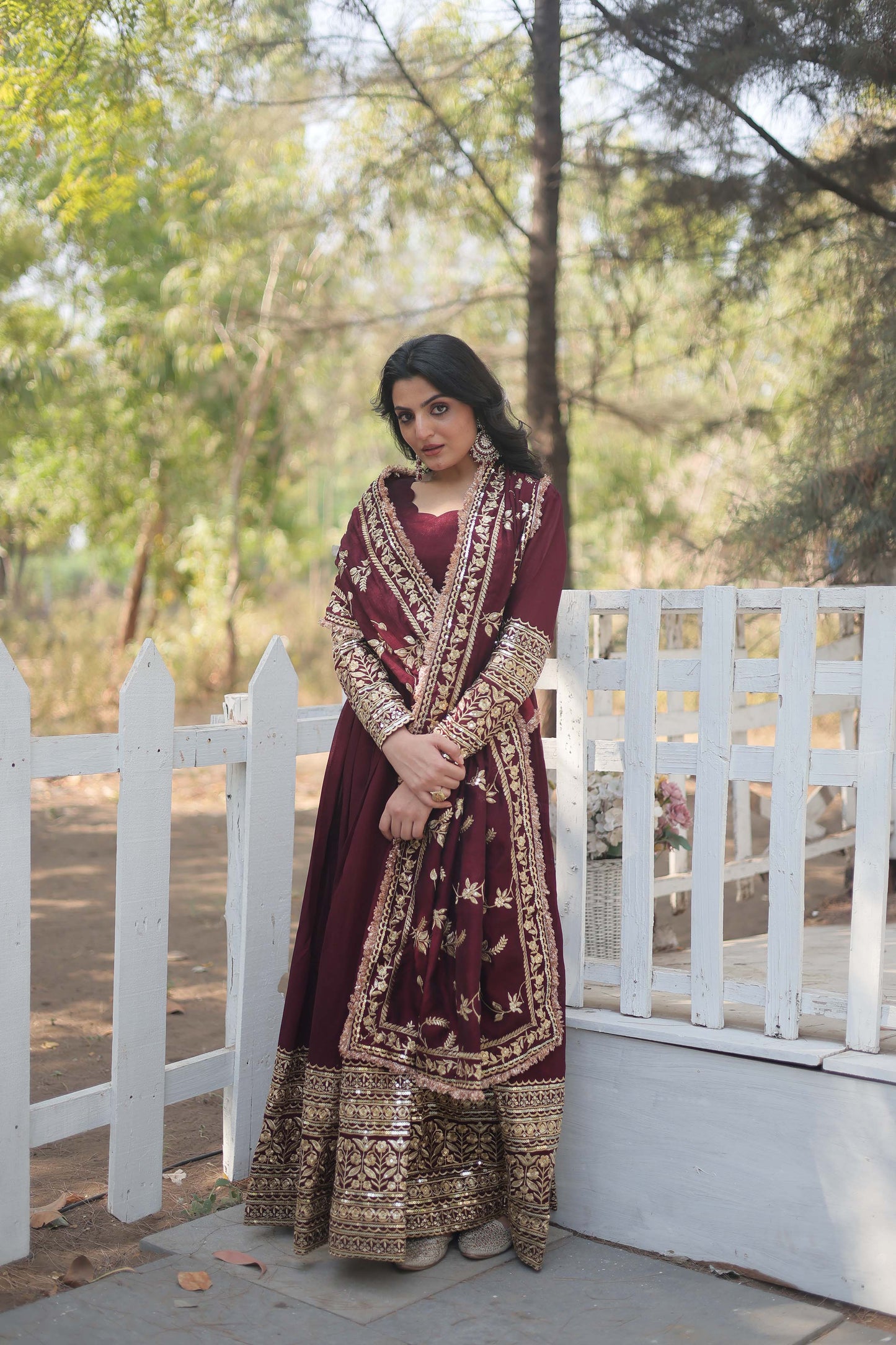 Premium Vichitra Shimmer Anarkali Gown with Dupatta – Rich Sequins Embroidery & Fancy V-Neck
