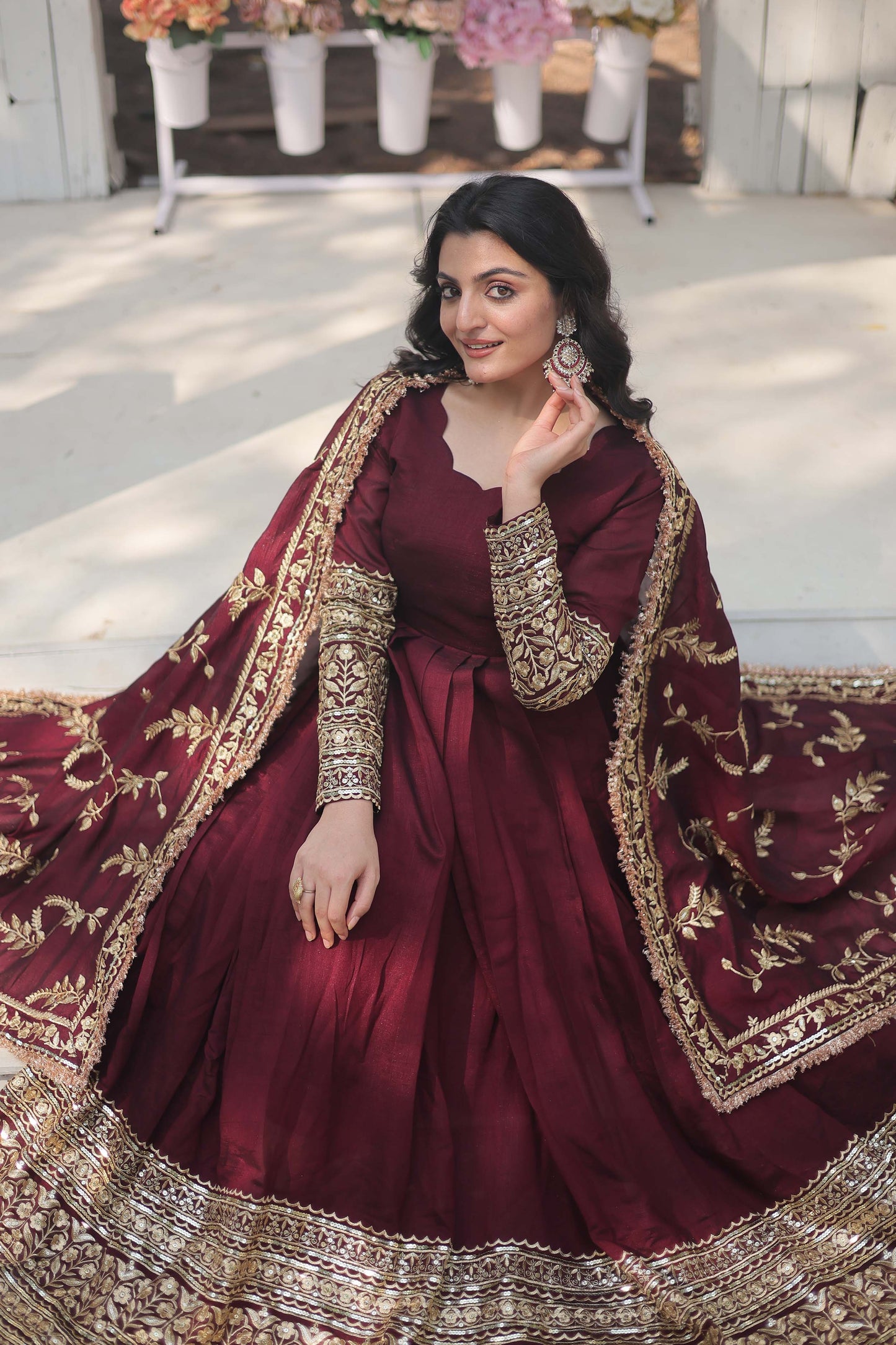 Premium Vichitra Shimmer Anarkali Gown with Dupatta – Rich Sequins Embroidery & Fancy V-Neck