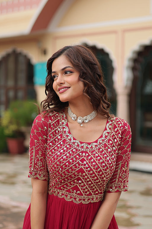 Premium Designer Readymade Gown – Faux Blooming with Zari & Sequins Embroidery