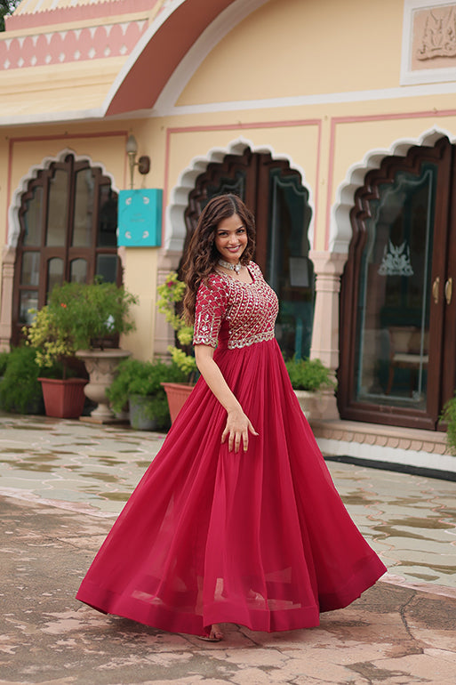 Premium Designer Readymade Gown – Faux Blooming with Zari & Sequins Embroidery