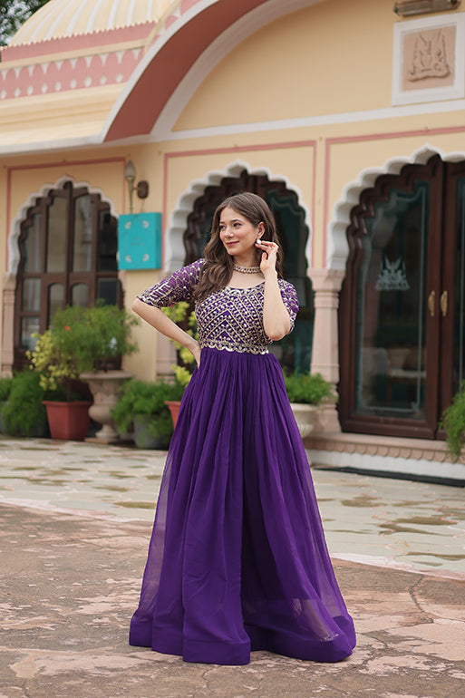 Premium Designer Readymade Gown – Faux Blooming with Zari & Sequins Embroidery