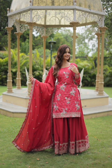 Premium Designer Readymade Kurti-Plazzo-Dupatta Set – Chinnon with Sequins & Thread Embroidery