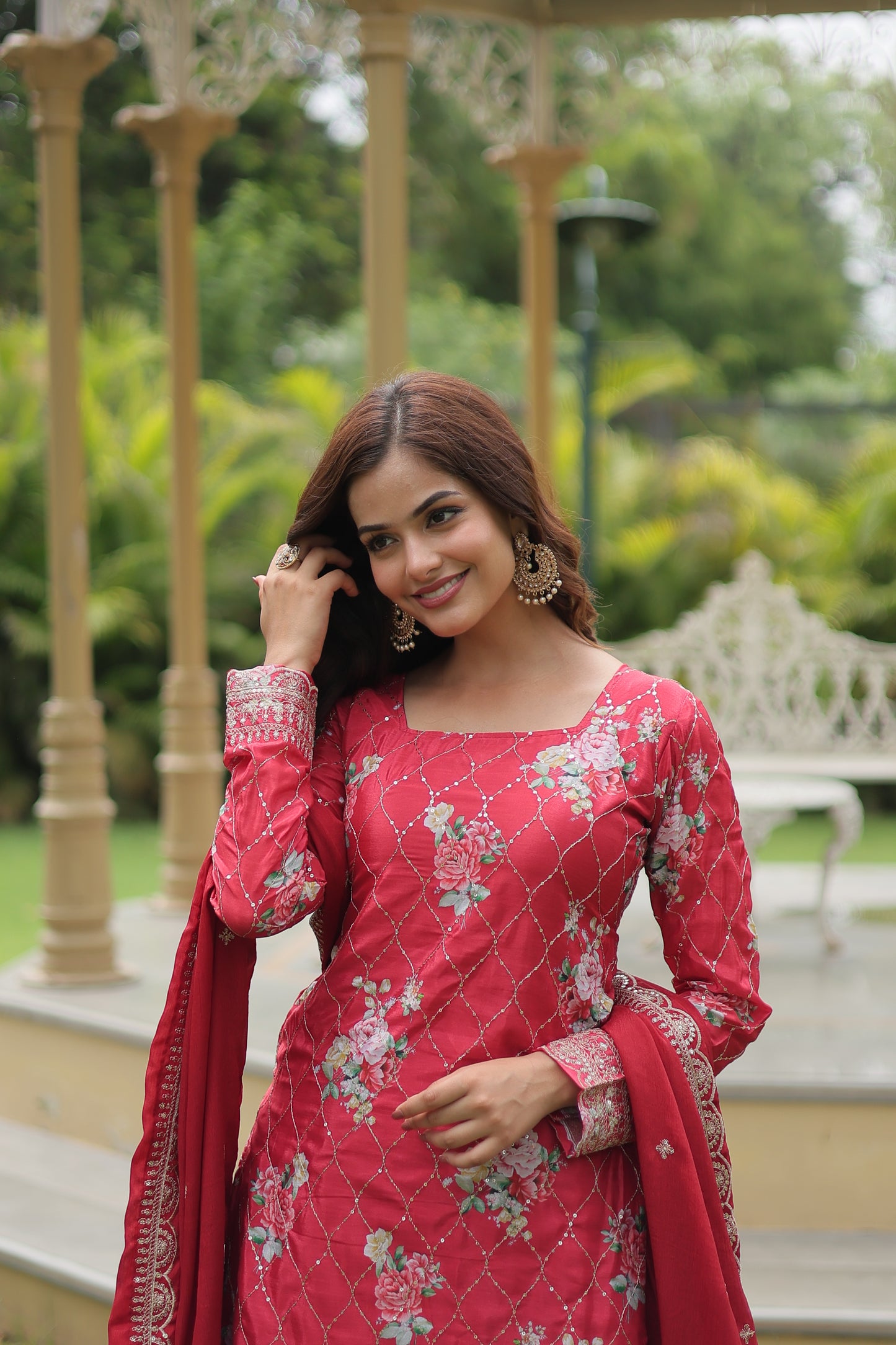 Premium Designer Readymade Kurti-Plazzo-Dupatta Set – Chinnon with Sequins & Thread Embroidery