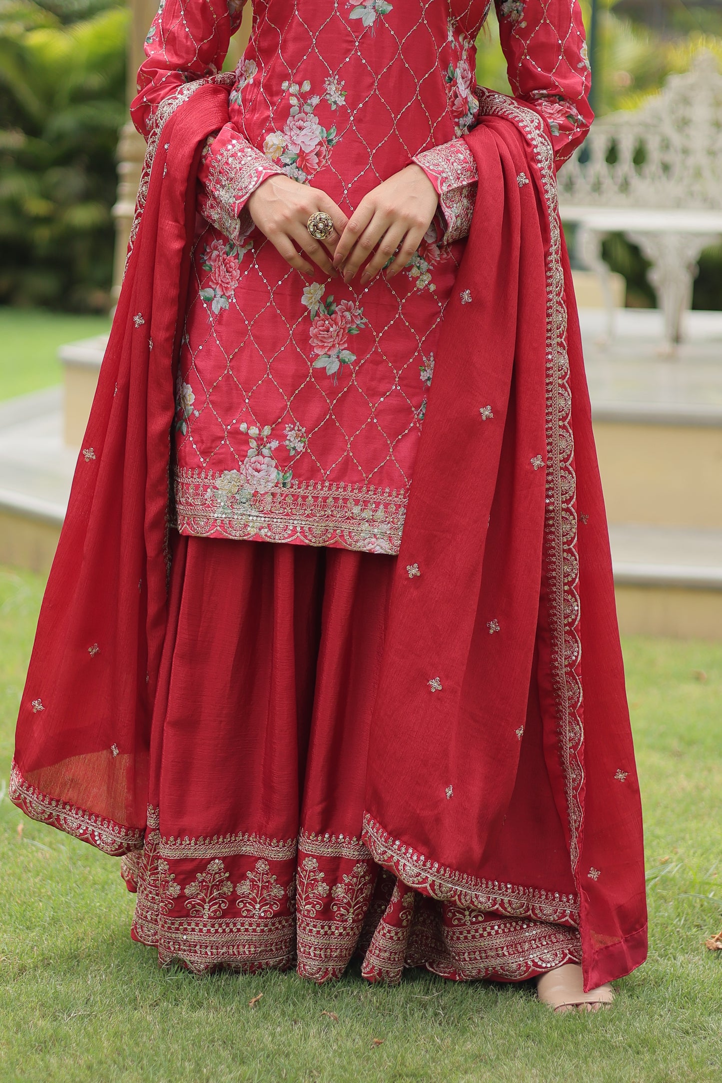 Premium Designer Readymade Kurti-Plazzo-Dupatta Set – Chinnon with Sequins & Thread Embroidery