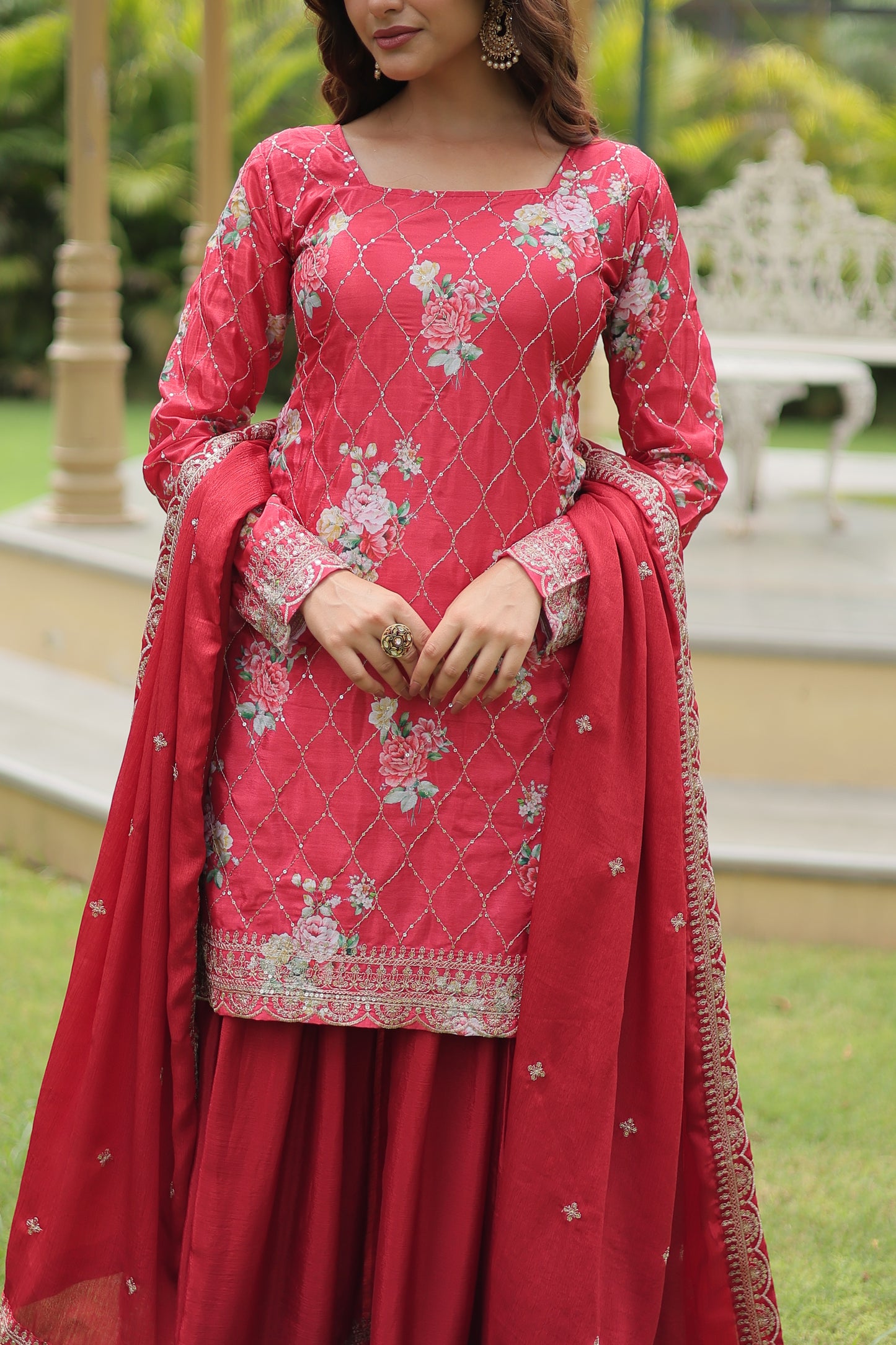 Premium Designer Readymade Kurti-Plazzo-Dupatta Set – Chinnon with Sequins & Thread Embroidery