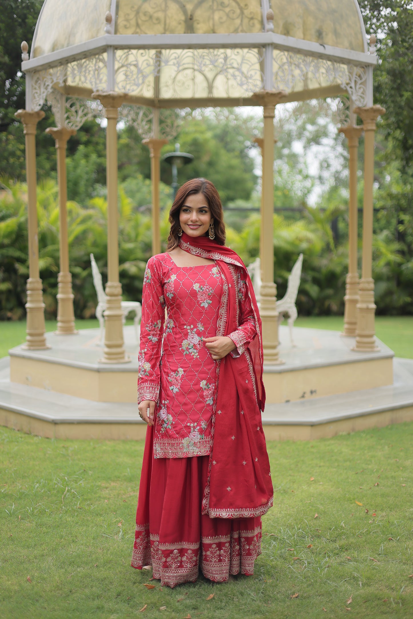 Premium Designer Readymade Kurti-Plazzo-Dupatta Set – Chinnon with Sequins & Thread Embroidery