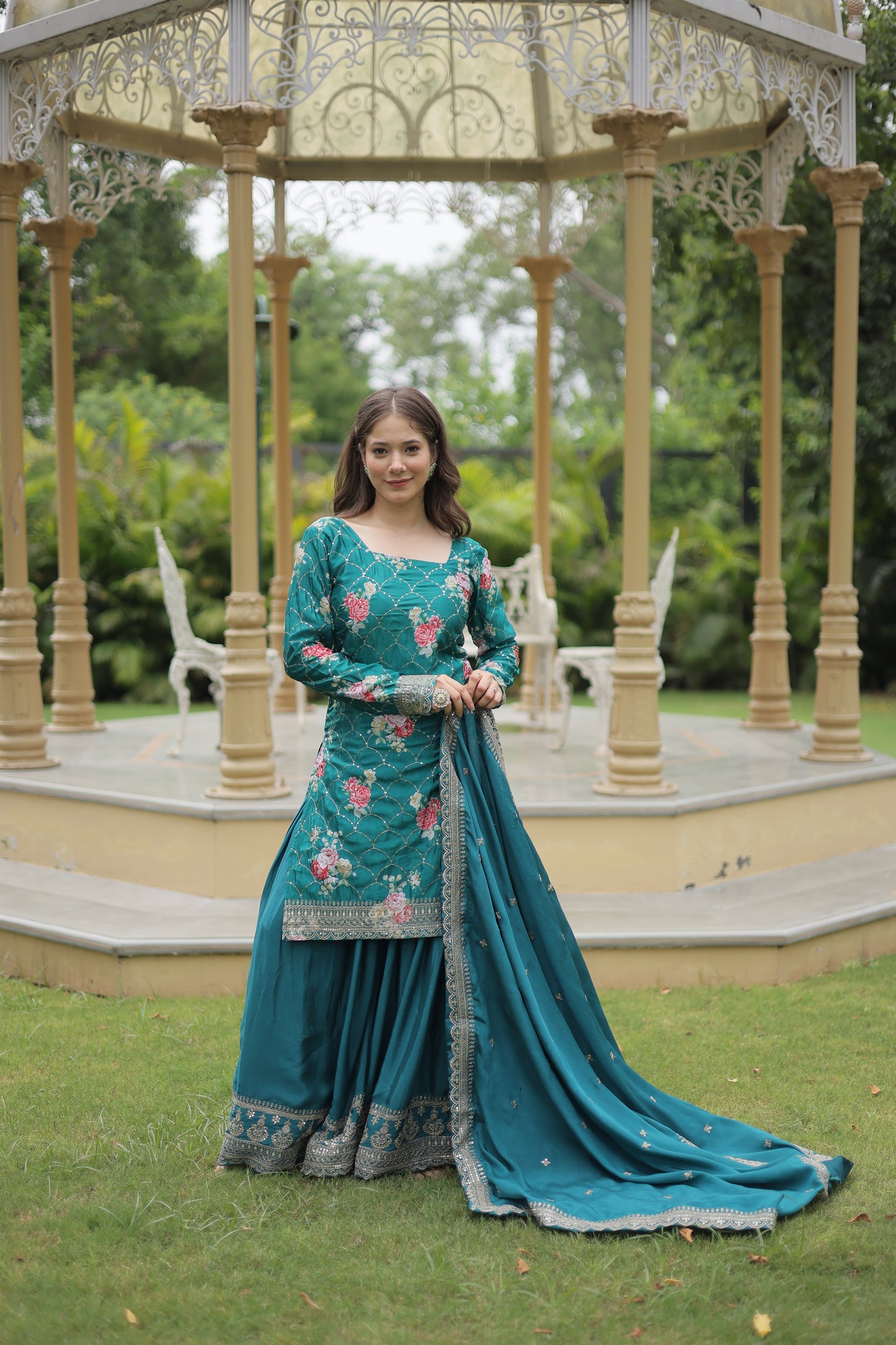 Premium Designer Readymade Kurti-Plazzo-Dupatta Set – Chinnon with Sequins & Thread Embroidery