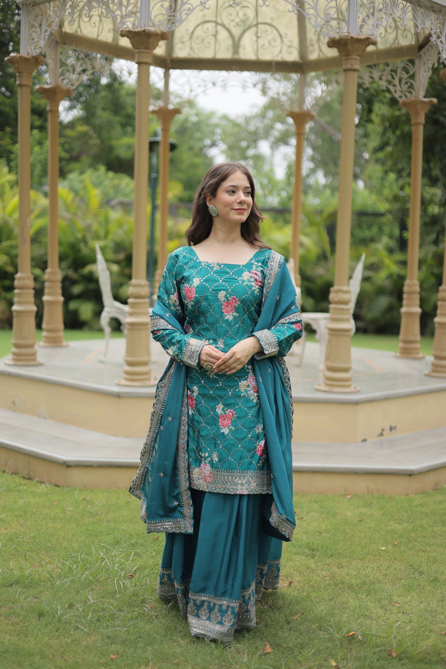 Premium Designer Readymade Kurti-Plazzo-Dupatta Set – Chinnon with Sequins & Thread Embroidery