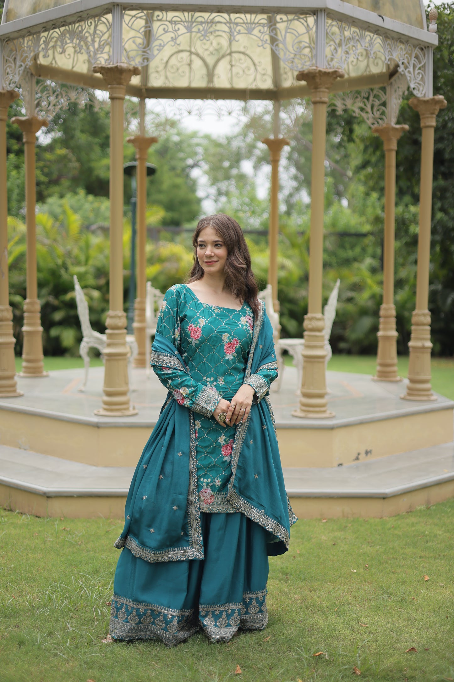 Premium Designer Readymade Kurti-Plazzo-Dupatta Set – Chinnon with Sequins & Thread Embroidery