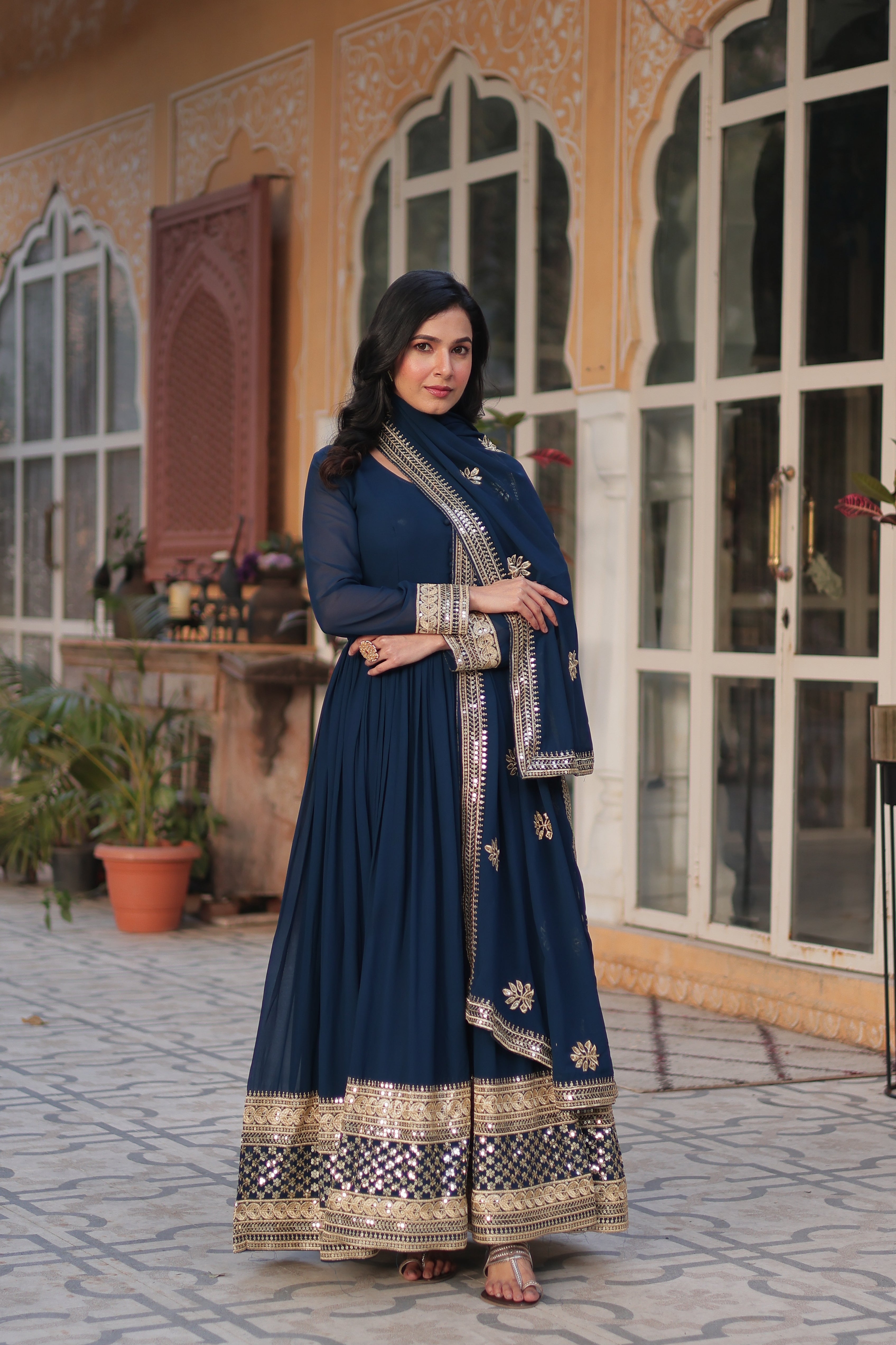 Premium Designer Readymade Gown with Dupatta – Faux Blooming with Zari & Sequins Embroidery