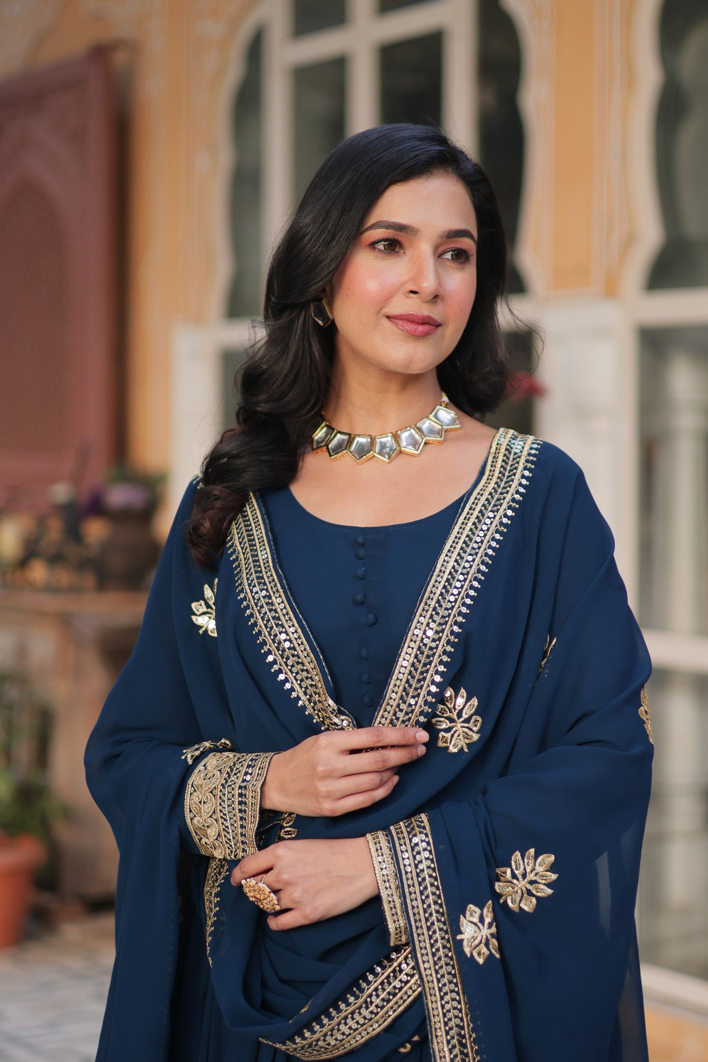 Premium Designer Readymade Gown with Dupatta – Faux Blooming with Zari & Sequins Embroidery