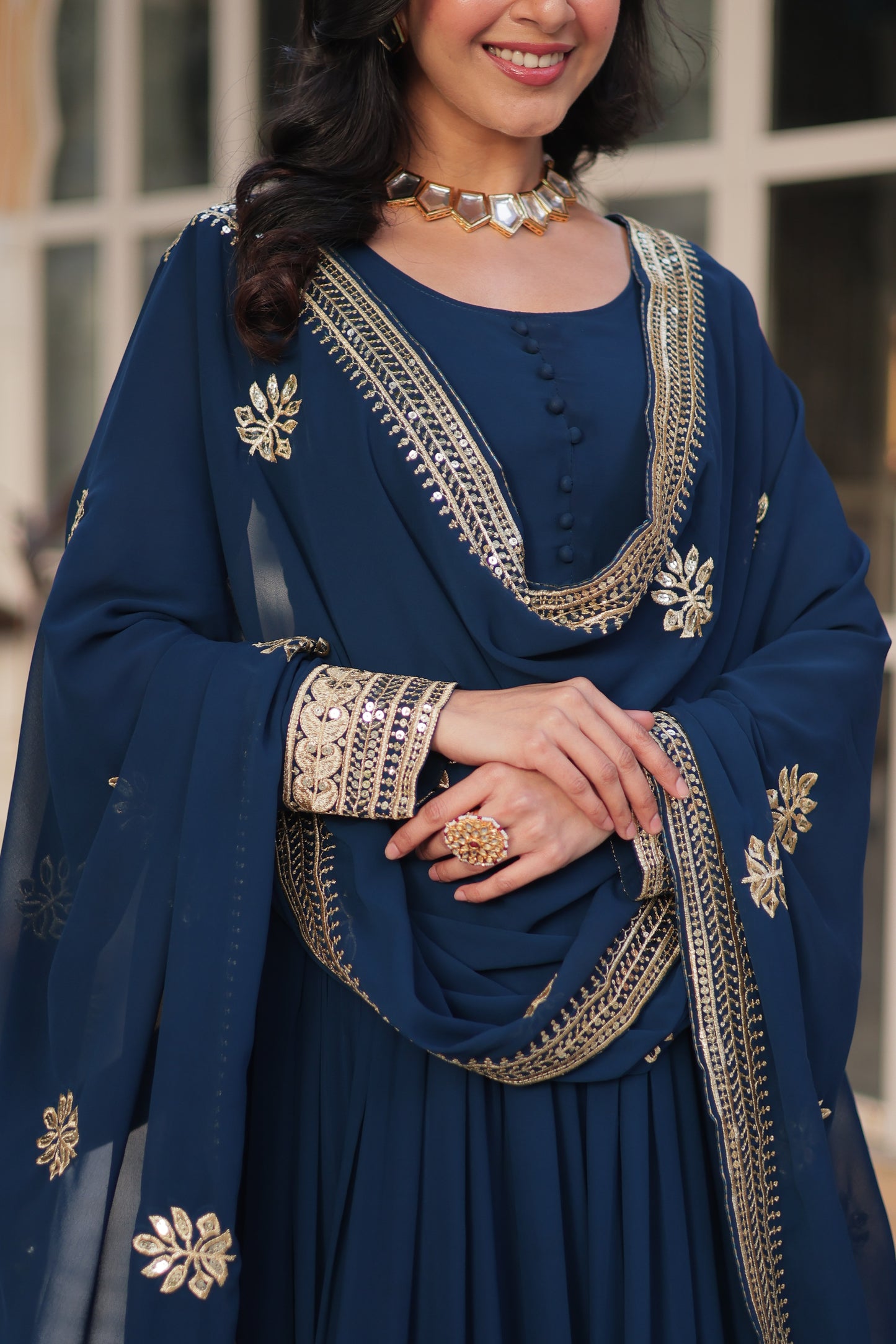 Premium Designer Readymade Gown with Dupatta – Faux Blooming with Zari & Sequins Embroidery