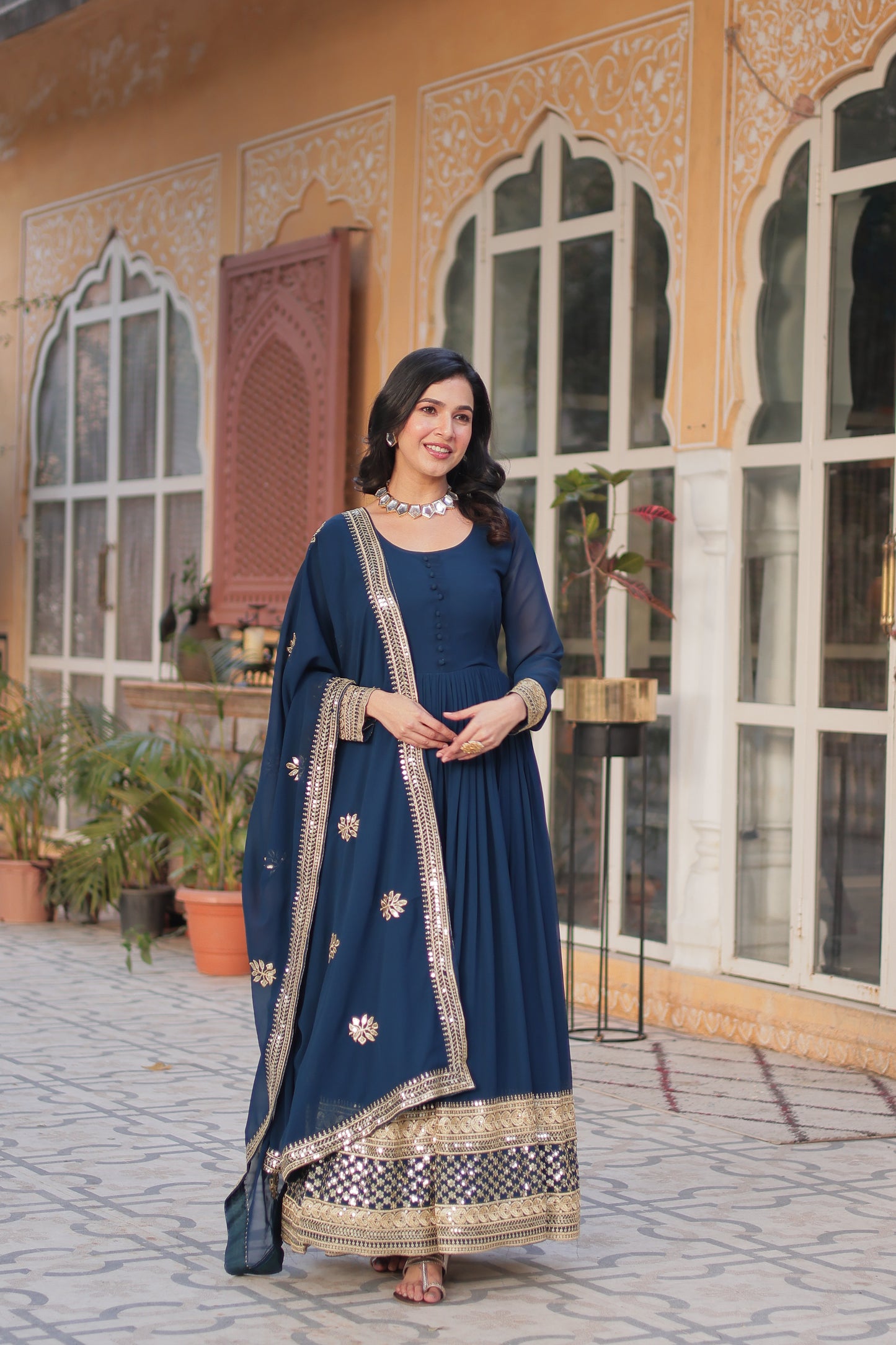 Premium Designer Readymade Gown with Dupatta – Faux Blooming with Zari & Sequins Embroidery