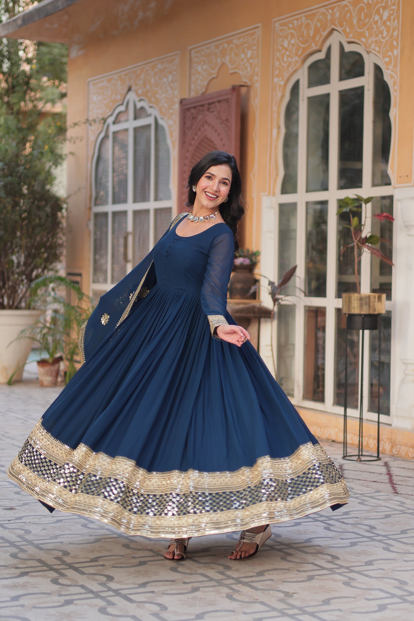Premium Designer Readymade Gown with Dupatta – Faux Blooming with Zari & Sequins Embroidery