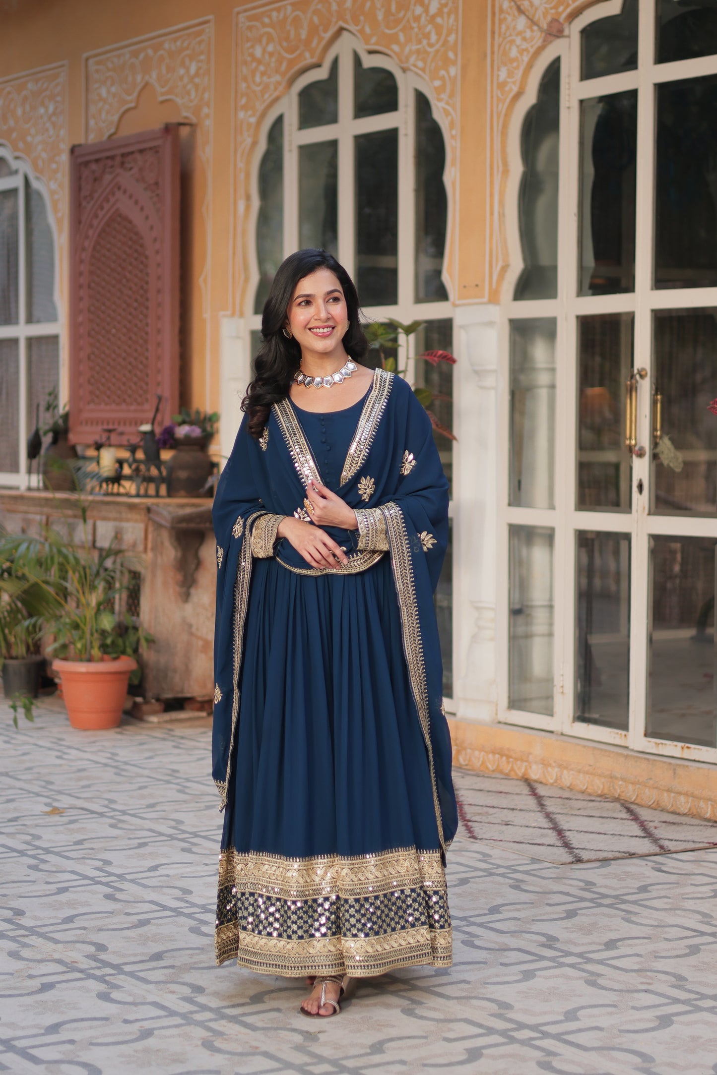 Premium Designer Readymade Gown with Dupatta – Faux Blooming with Zari & Sequins Embroidery