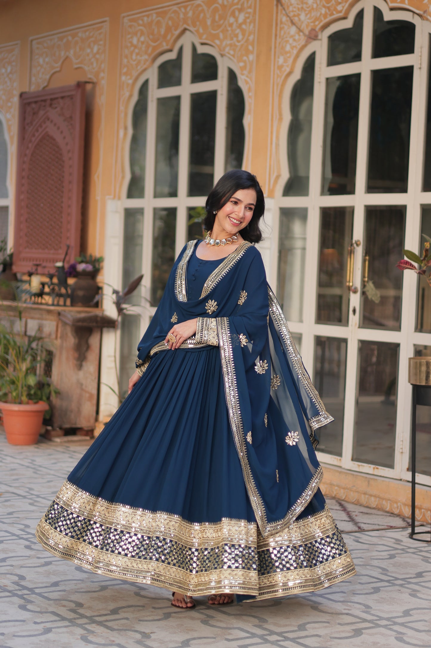 Premium Designer Readymade Gown with Dupatta – Faux Blooming with Zari & Sequins Embroidery