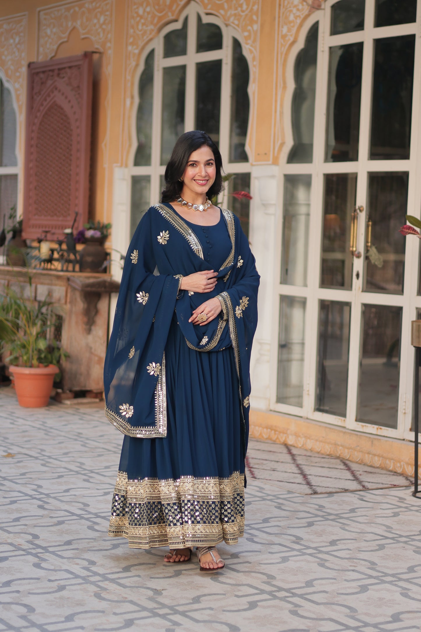 Premium Designer Readymade Gown with Dupatta – Faux Blooming with Zari & Sequins Embroidery