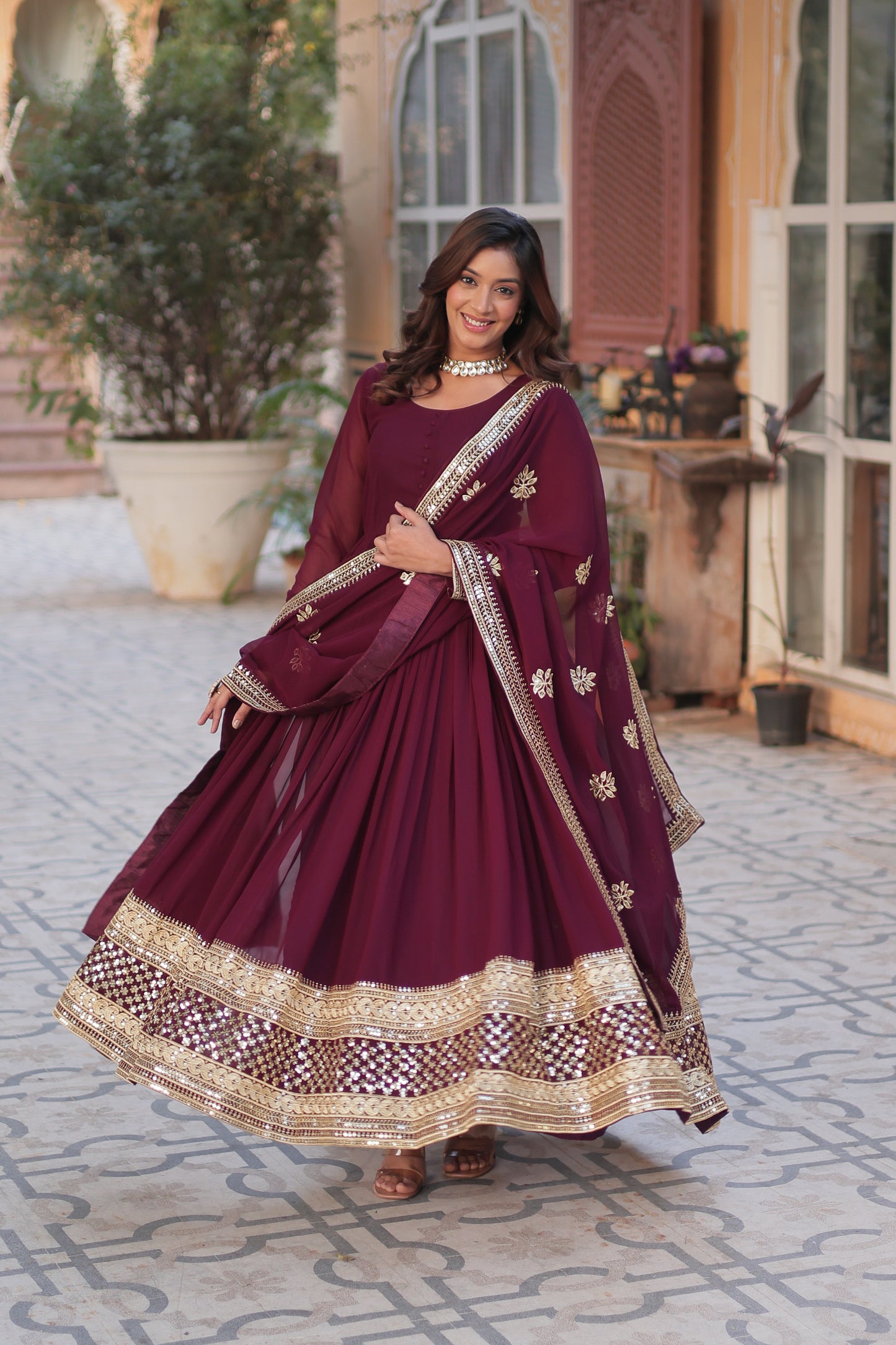 Premium Designer Readymade Gown with Dupatta – Faux Blooming with Zari & Sequins Embroidery