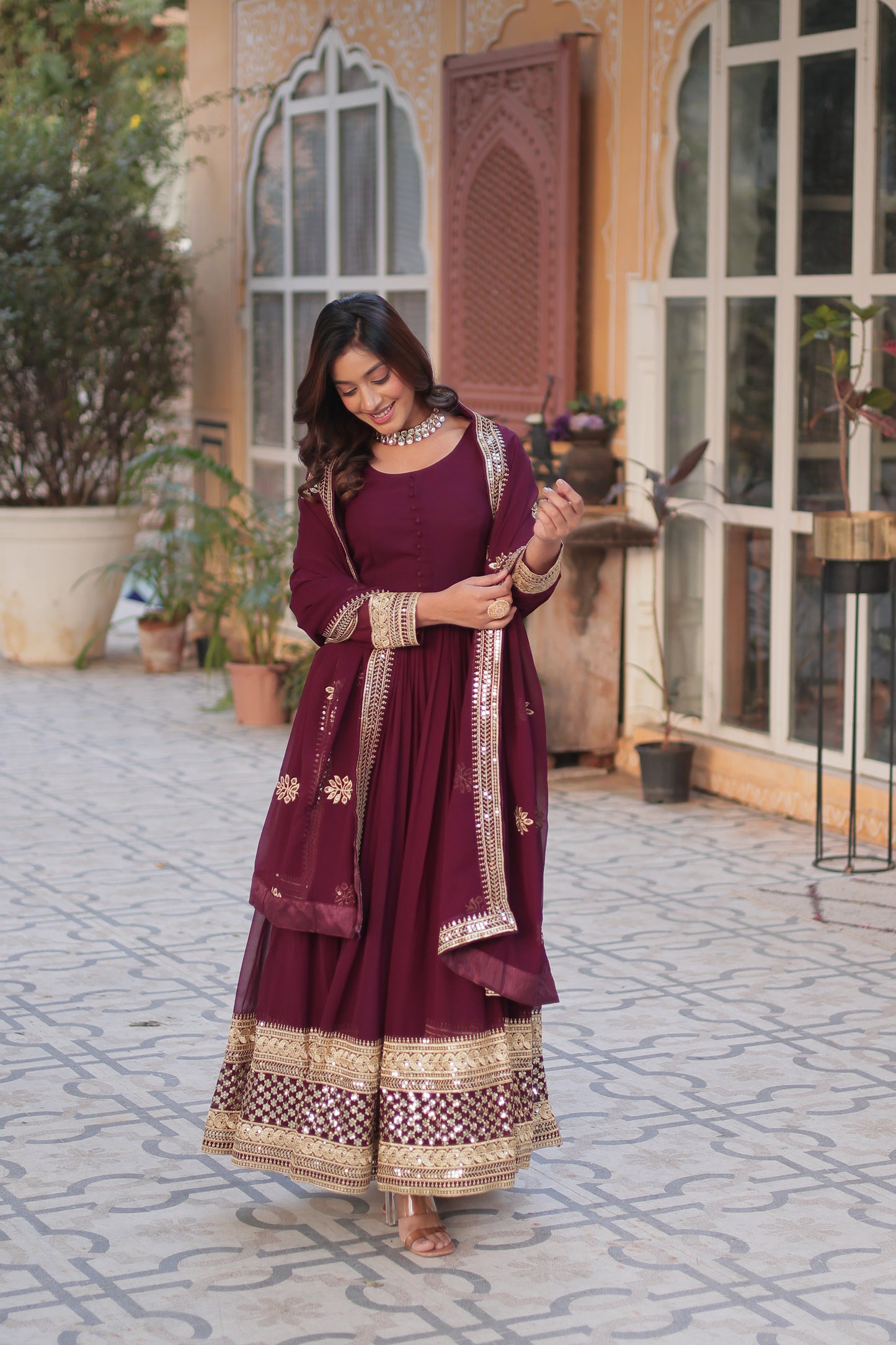 Premium Designer Readymade Gown with Dupatta – Faux Blooming with Zari & Sequins Embroidery