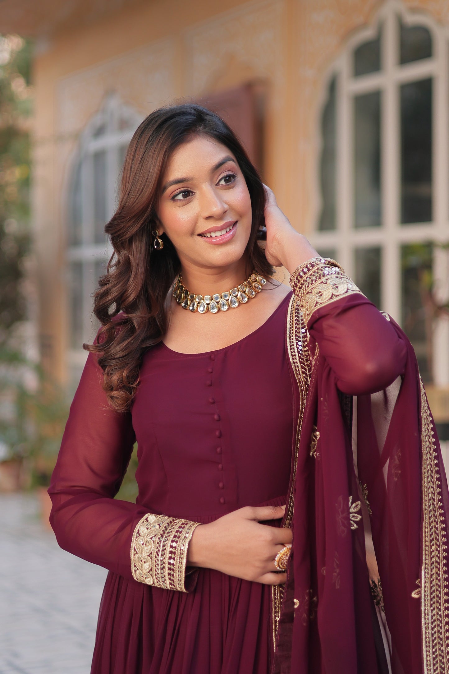 Premium Designer Readymade Gown with Dupatta – Faux Blooming with Zari & Sequins Embroidery