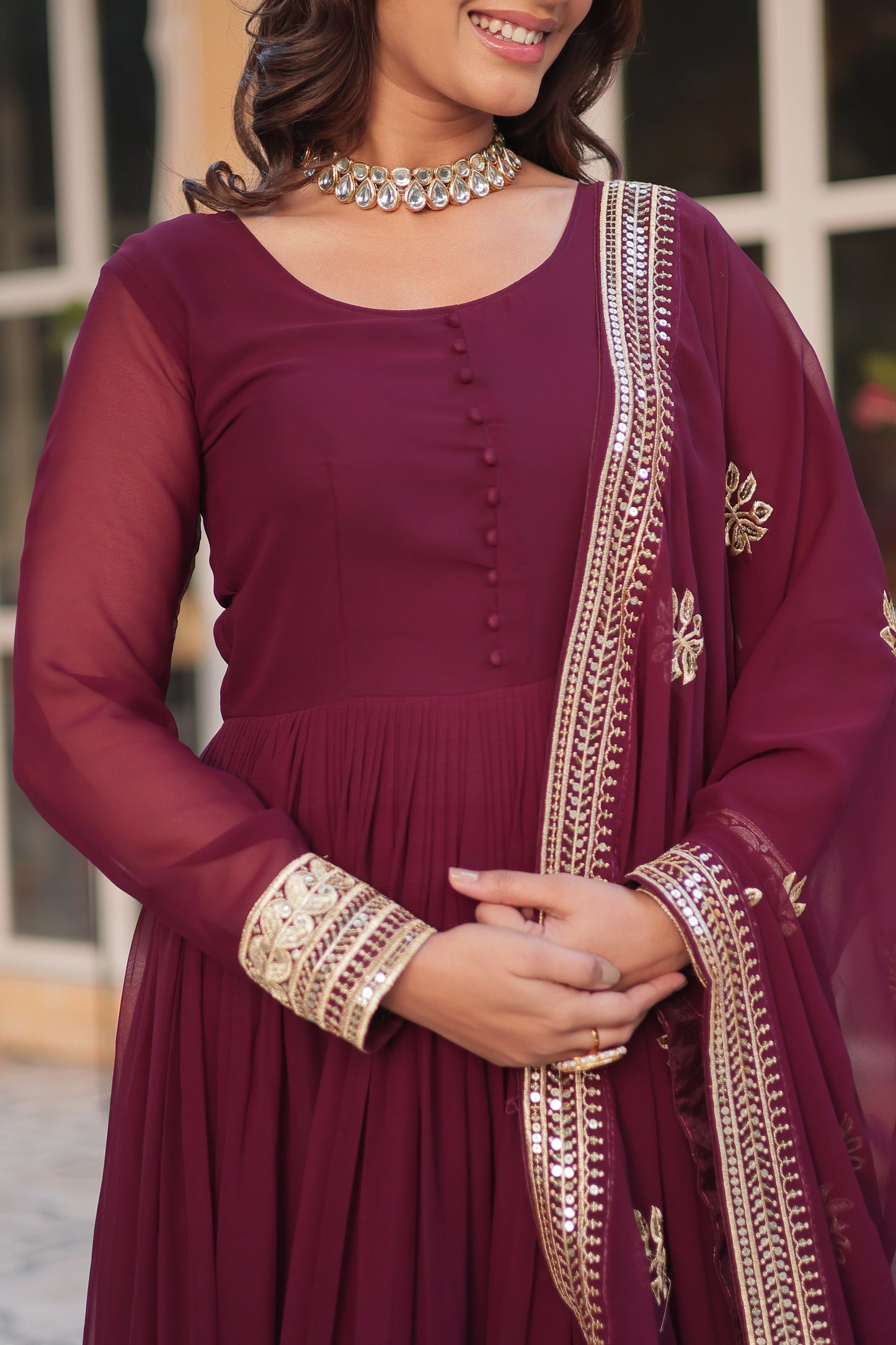 Premium Designer Readymade Gown with Dupatta – Faux Blooming with Zari & Sequins Embroidery