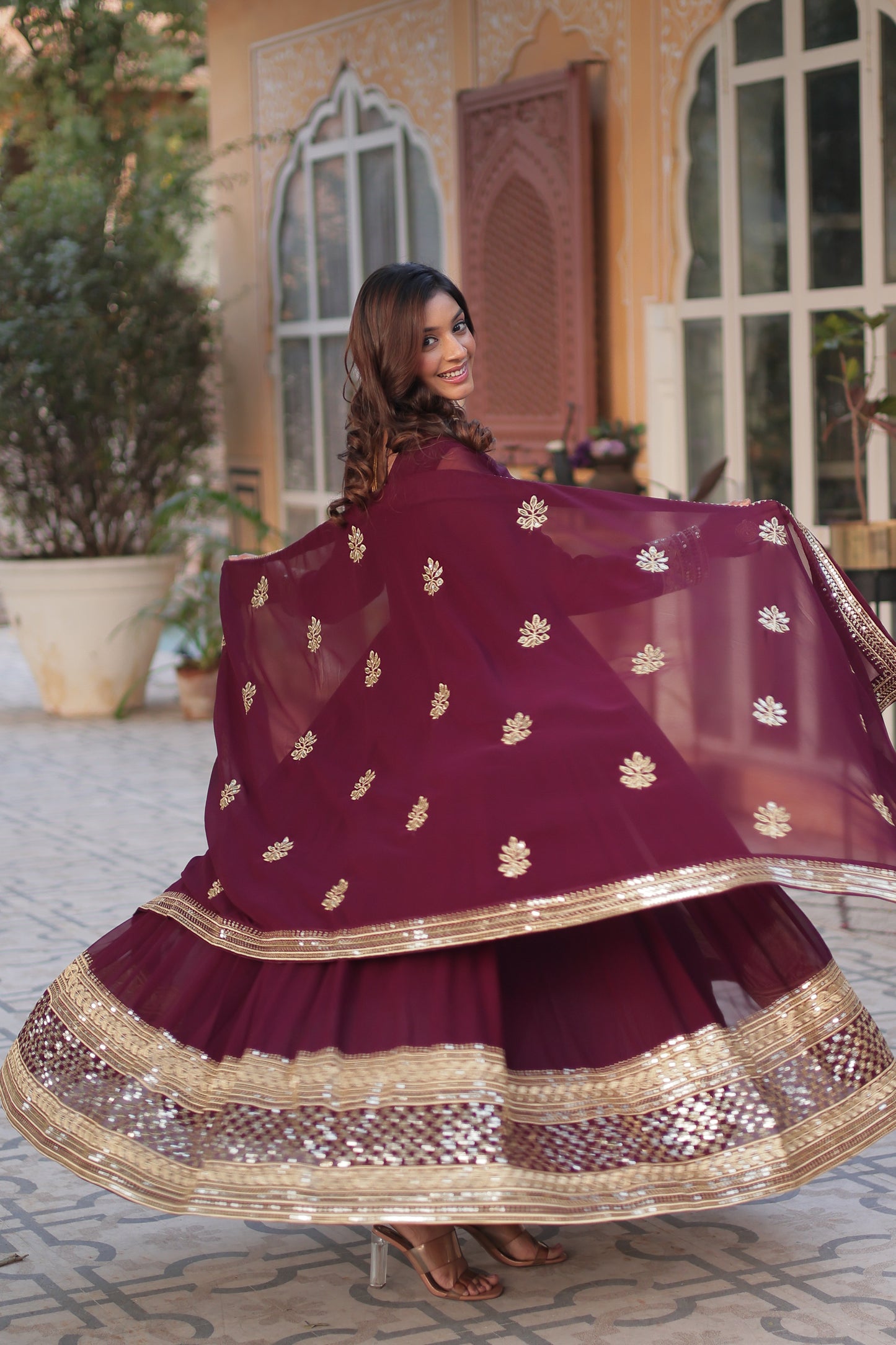 Premium Designer Readymade Gown with Dupatta – Faux Blooming with Zari & Sequins Embroidery