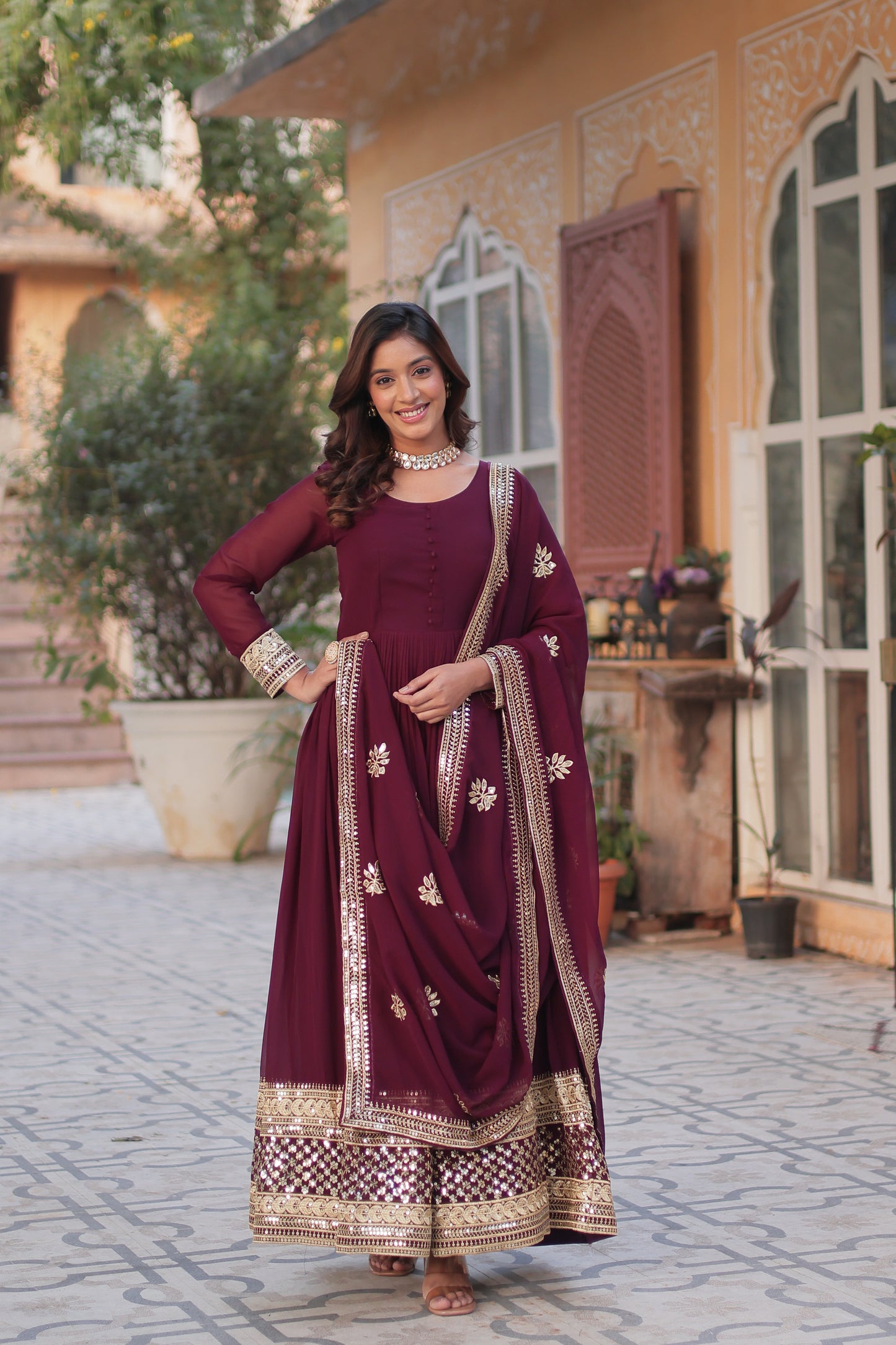 Premium Designer Readymade Gown with Dupatta – Faux Blooming with Zari & Sequins Embroidery