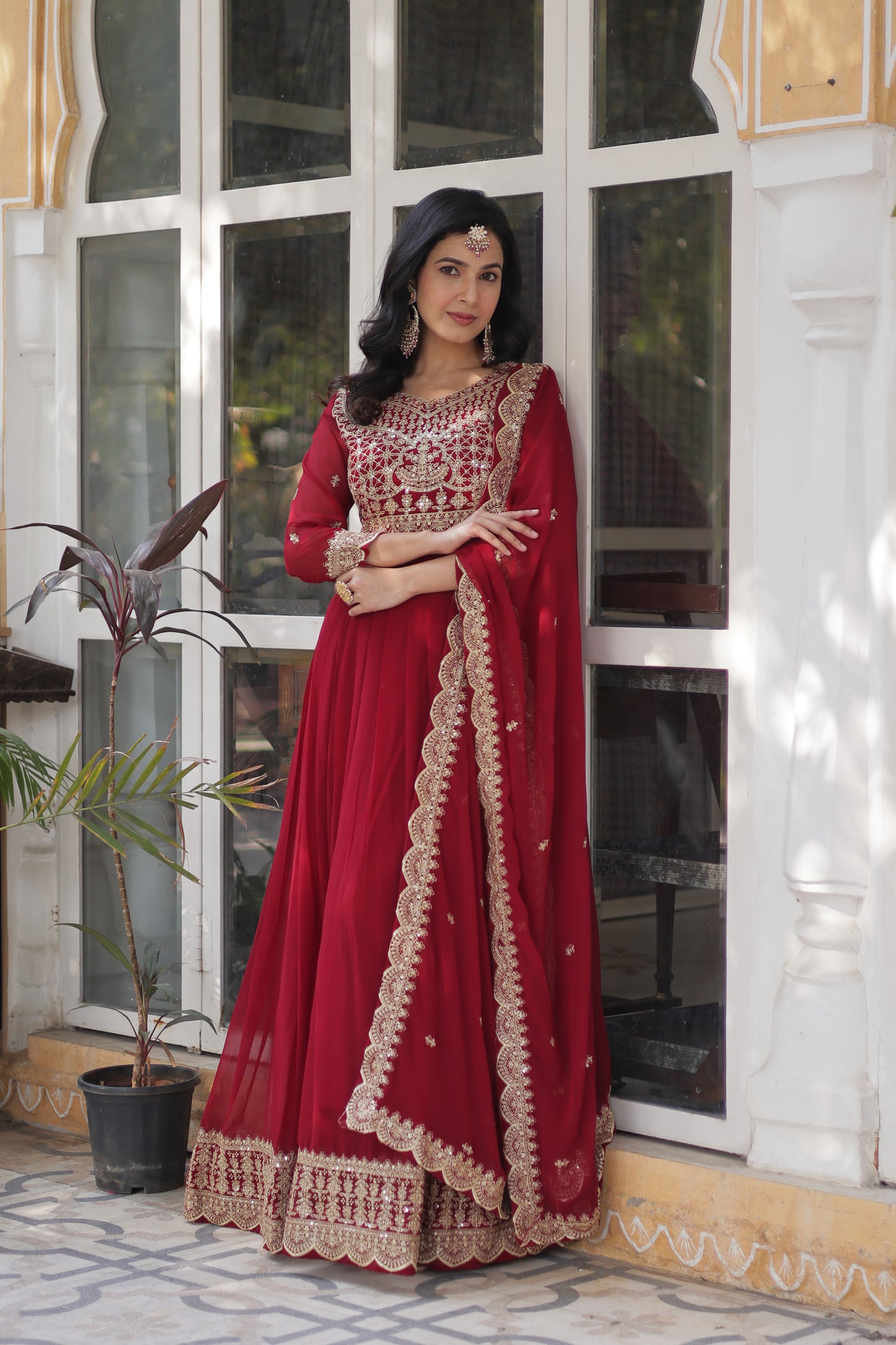 Premium Designer Readymade Gown with Dupatta – Faux Blooming with Zari & Sequins Embroidery