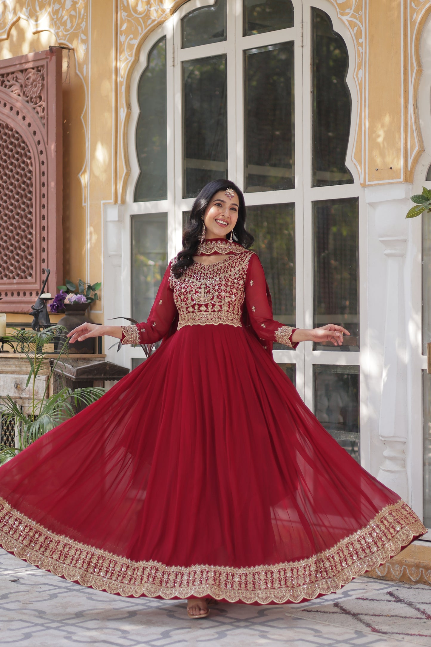Premium Designer Readymade Gown with Dupatta – Faux Blooming with Zari & Sequins Embroidery