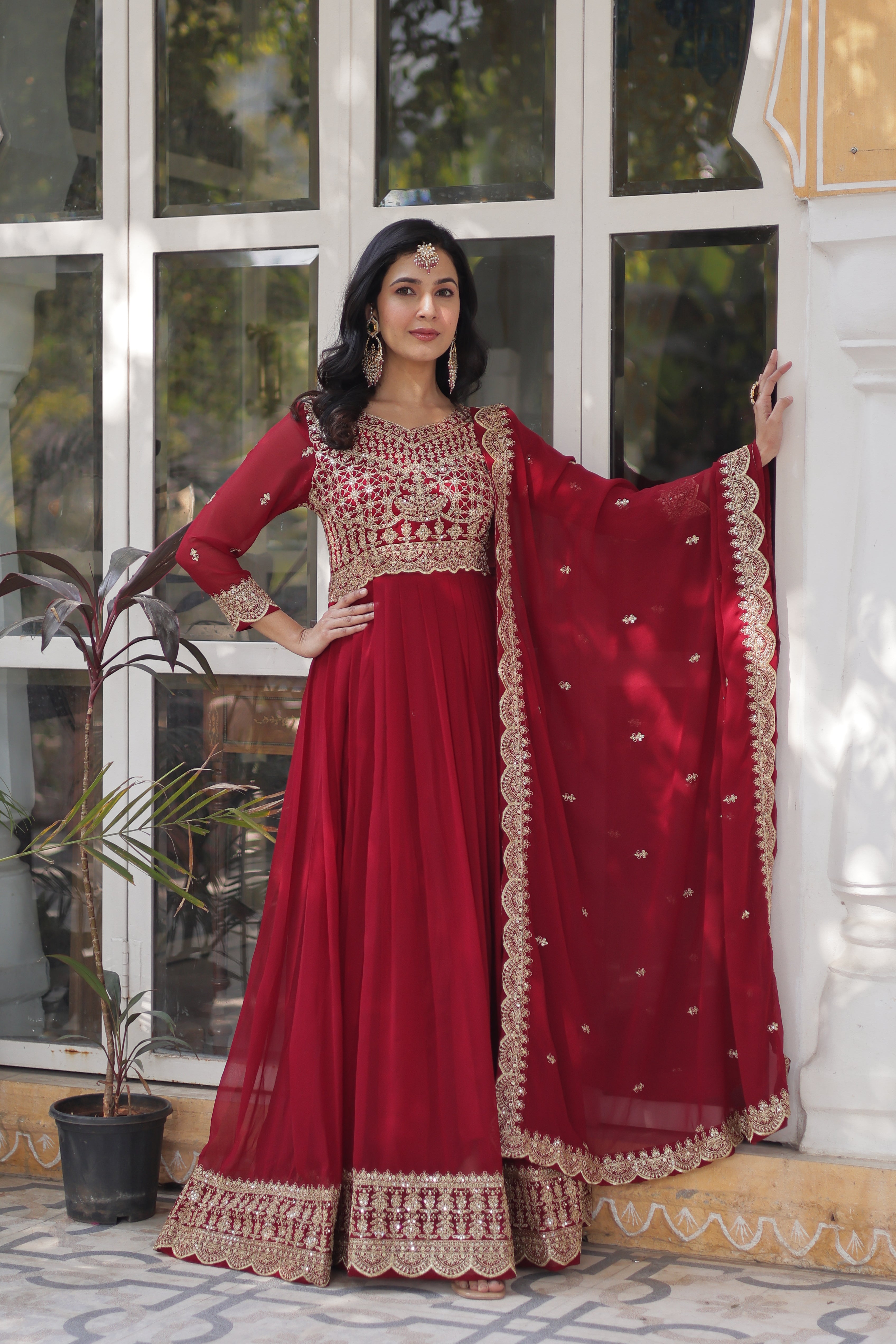 Premium Designer Readymade Gown with Dupatta – Faux Blooming with Zari & Sequins Embroidery