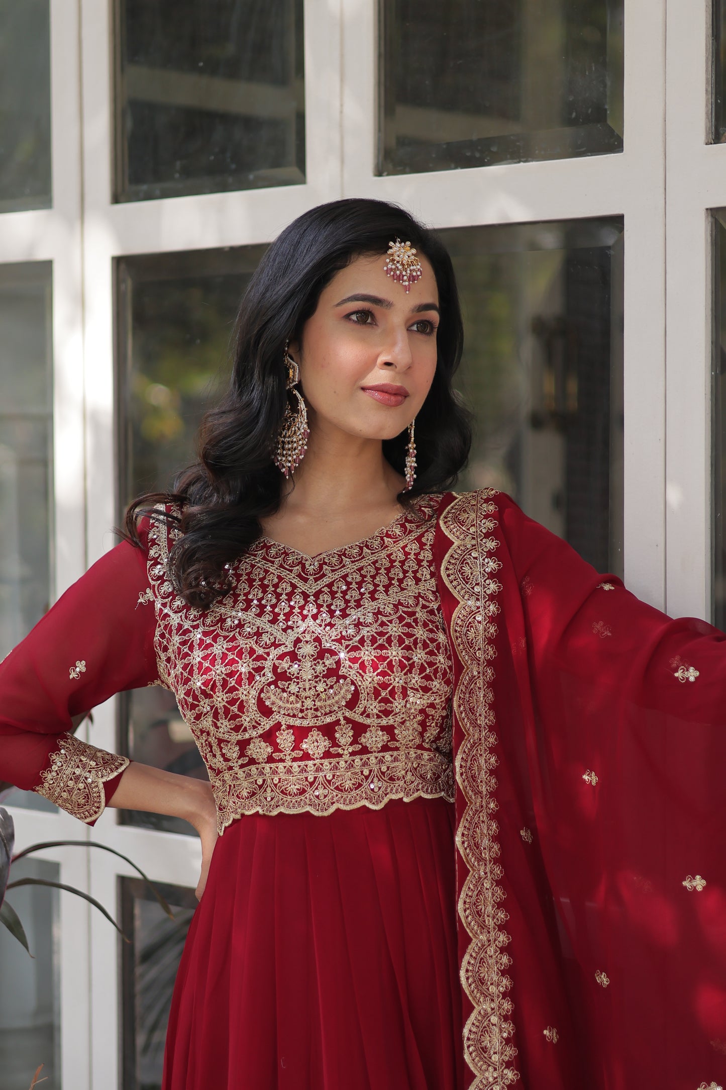 Premium Designer Readymade Gown with Dupatta – Faux Blooming with Zari & Sequins Embroidery