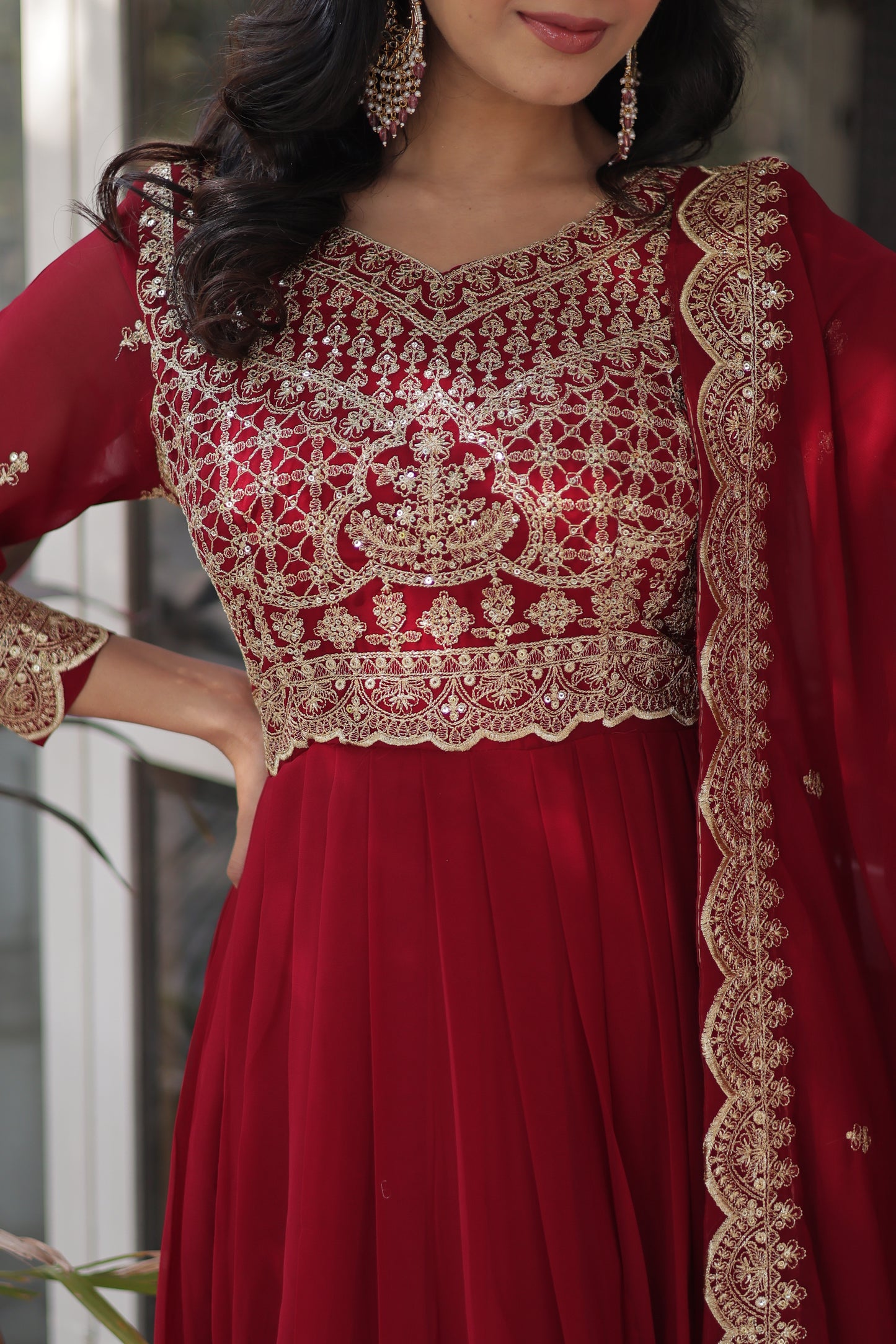 Premium Designer Readymade Gown with Dupatta – Faux Blooming with Zari & Sequins Embroidery