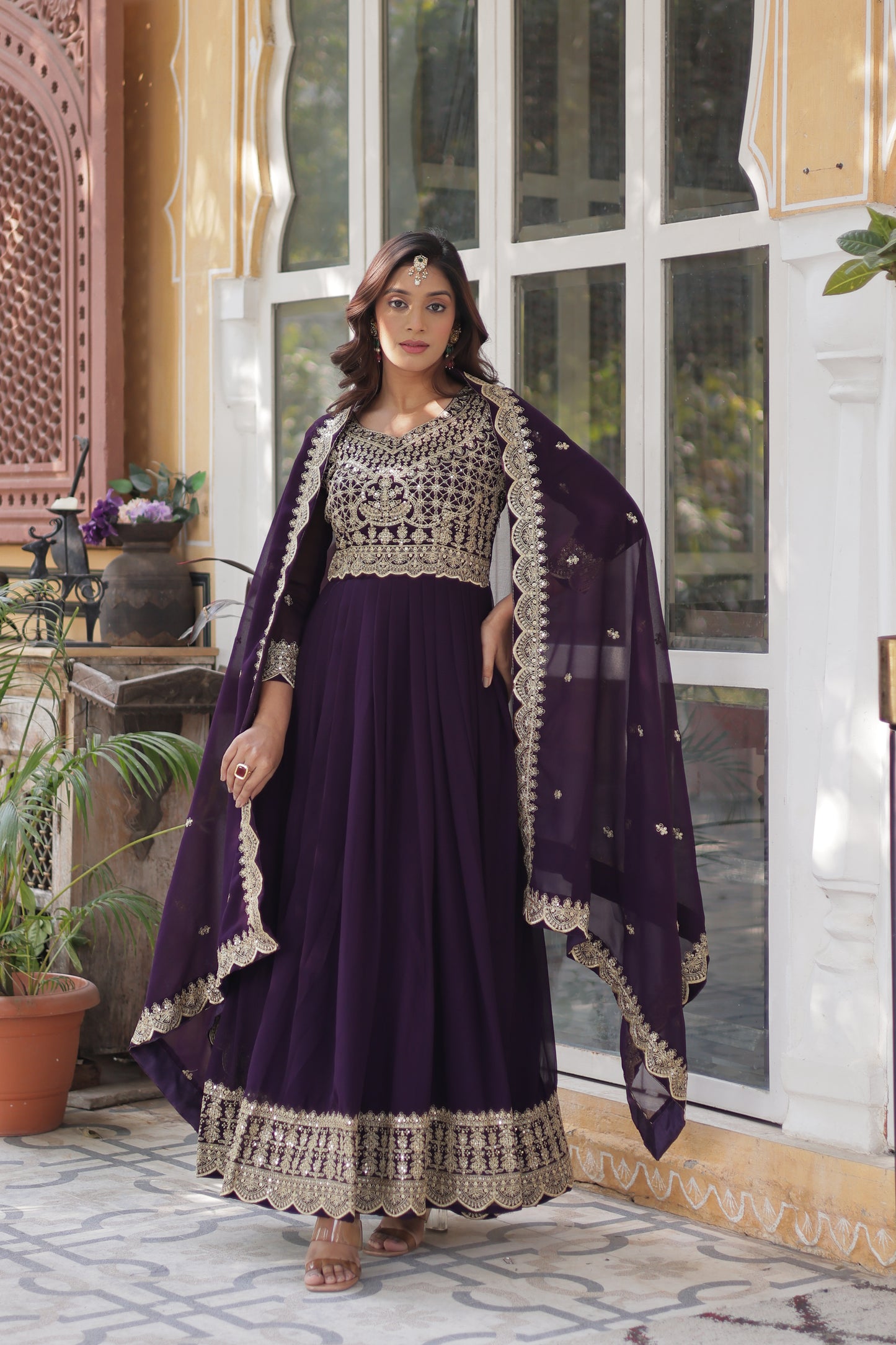 Premium Designer Readymade Gown with Dupatta – Faux Blooming with Zari & Sequins Embroidery