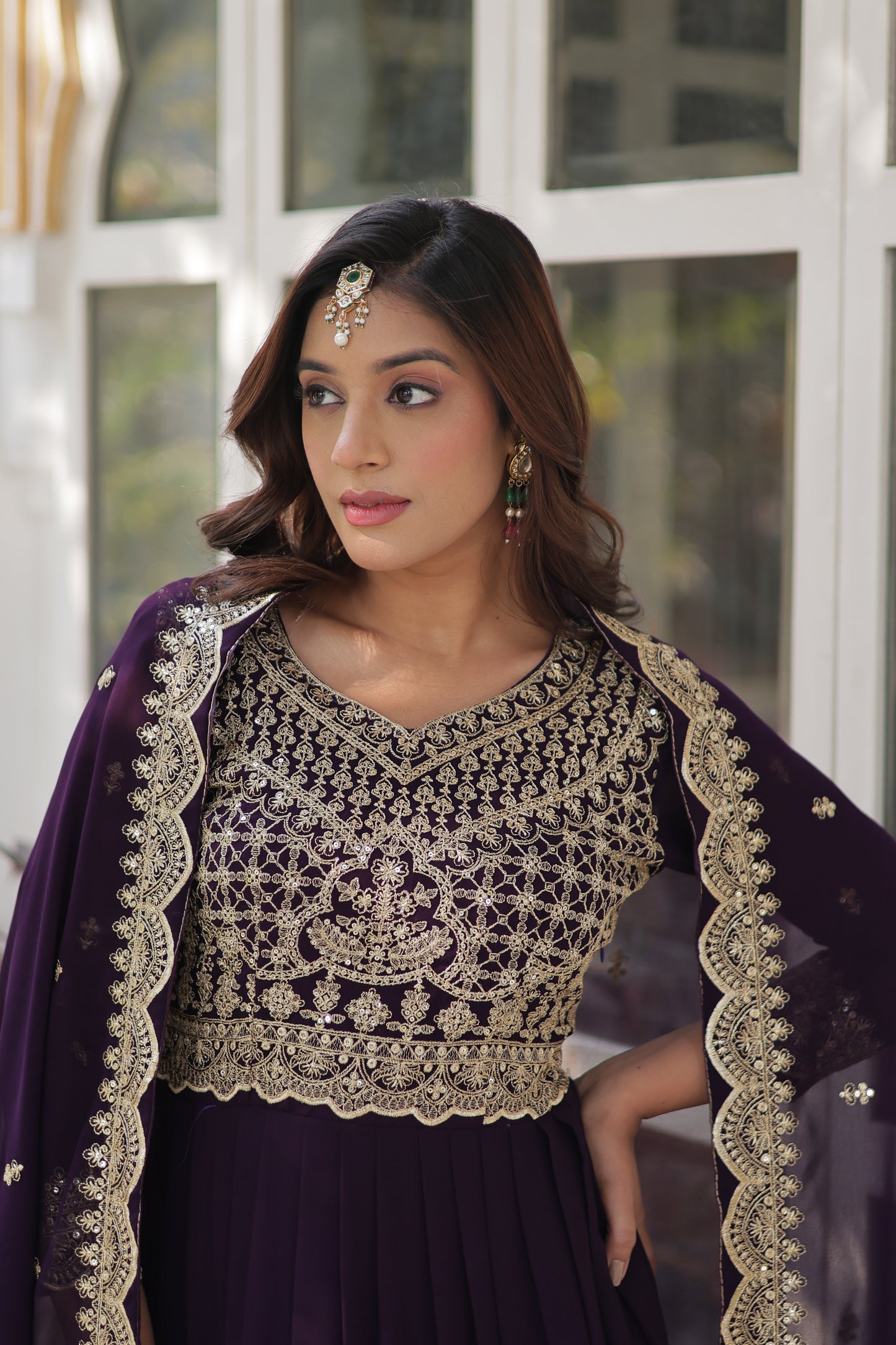 Premium Designer Readymade Gown with Dupatta – Faux Blooming with Zari & Sequins Embroidery