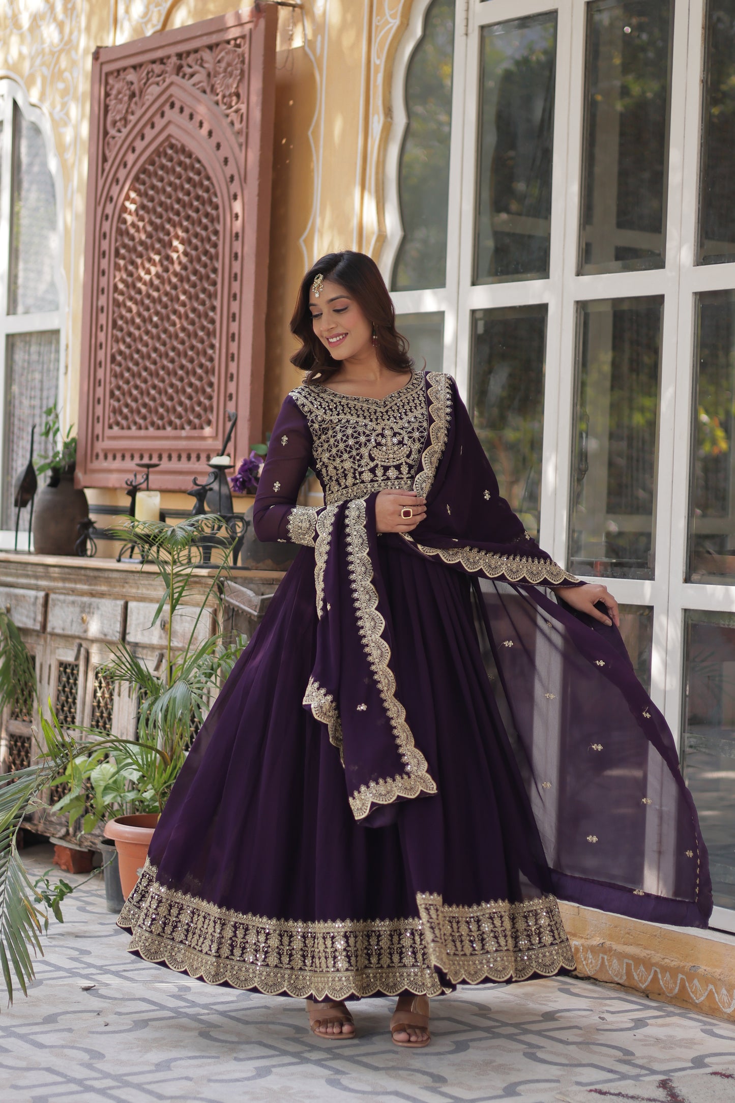 Premium Designer Readymade Gown with Dupatta – Faux Blooming with Zari & Sequins Embroidery