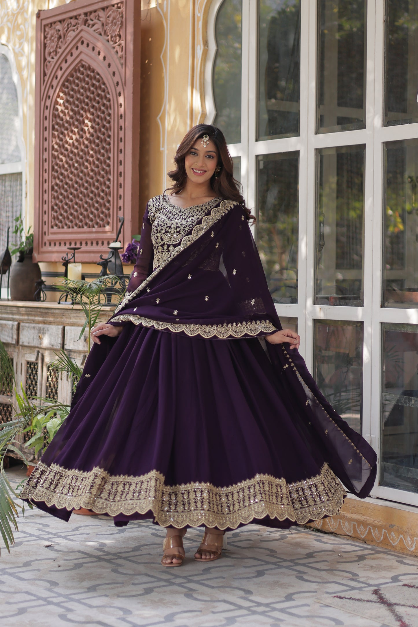 Premium Designer Readymade Gown with Dupatta – Faux Blooming with Zari & Sequins Embroidery