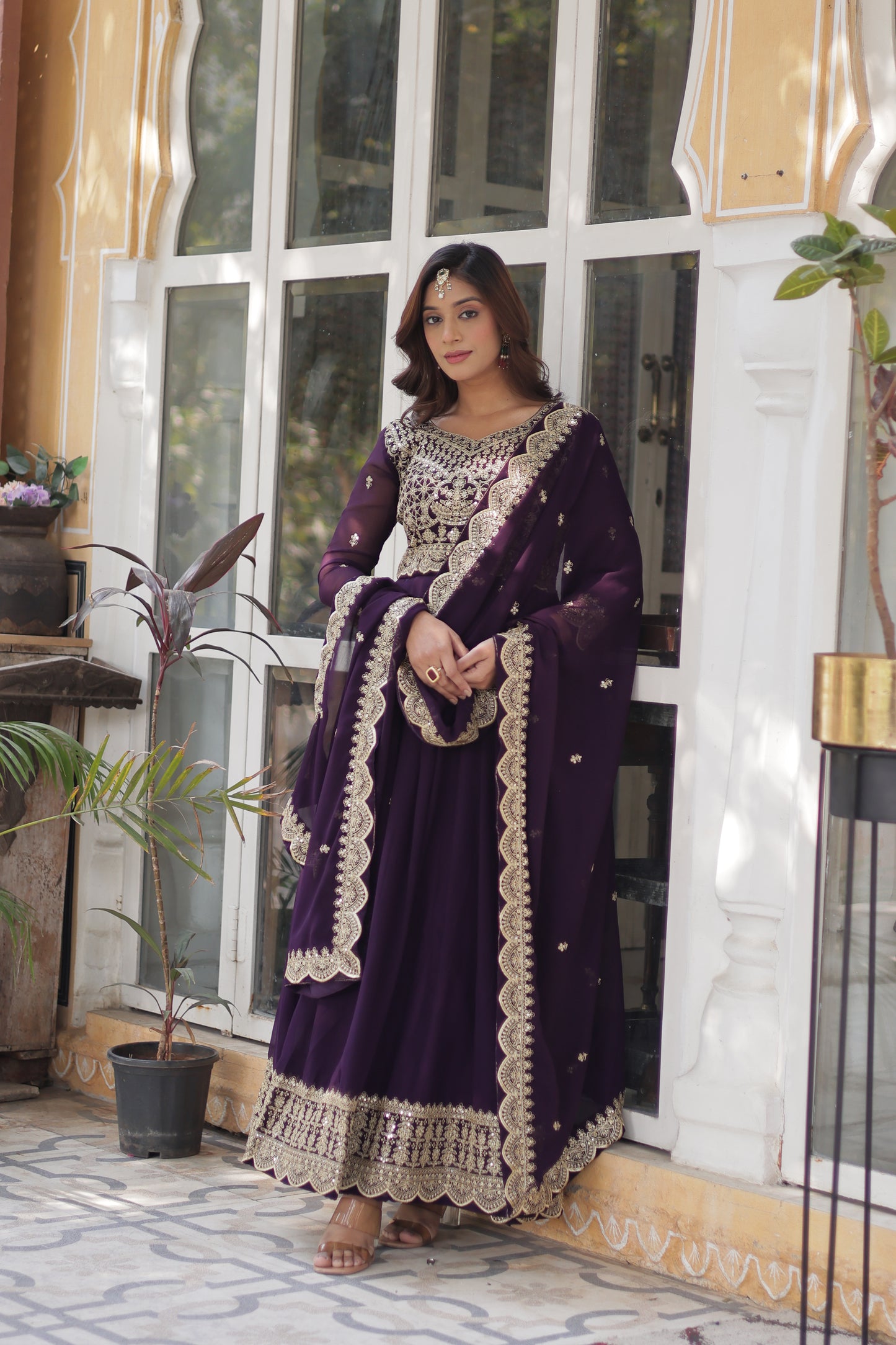 Premium Designer Readymade Gown with Dupatta – Faux Blooming with Zari & Sequins Embroidery