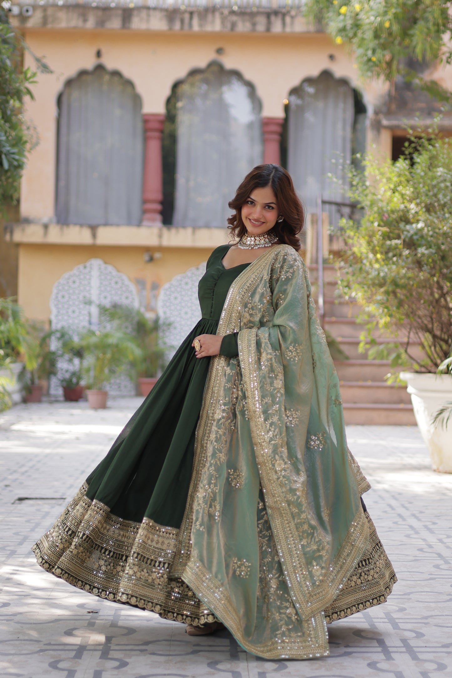 Shimmer Vichitra Gown with Dupatta – Rich Sequins Embroidery & Fancy V-Neck | 2025 Collection