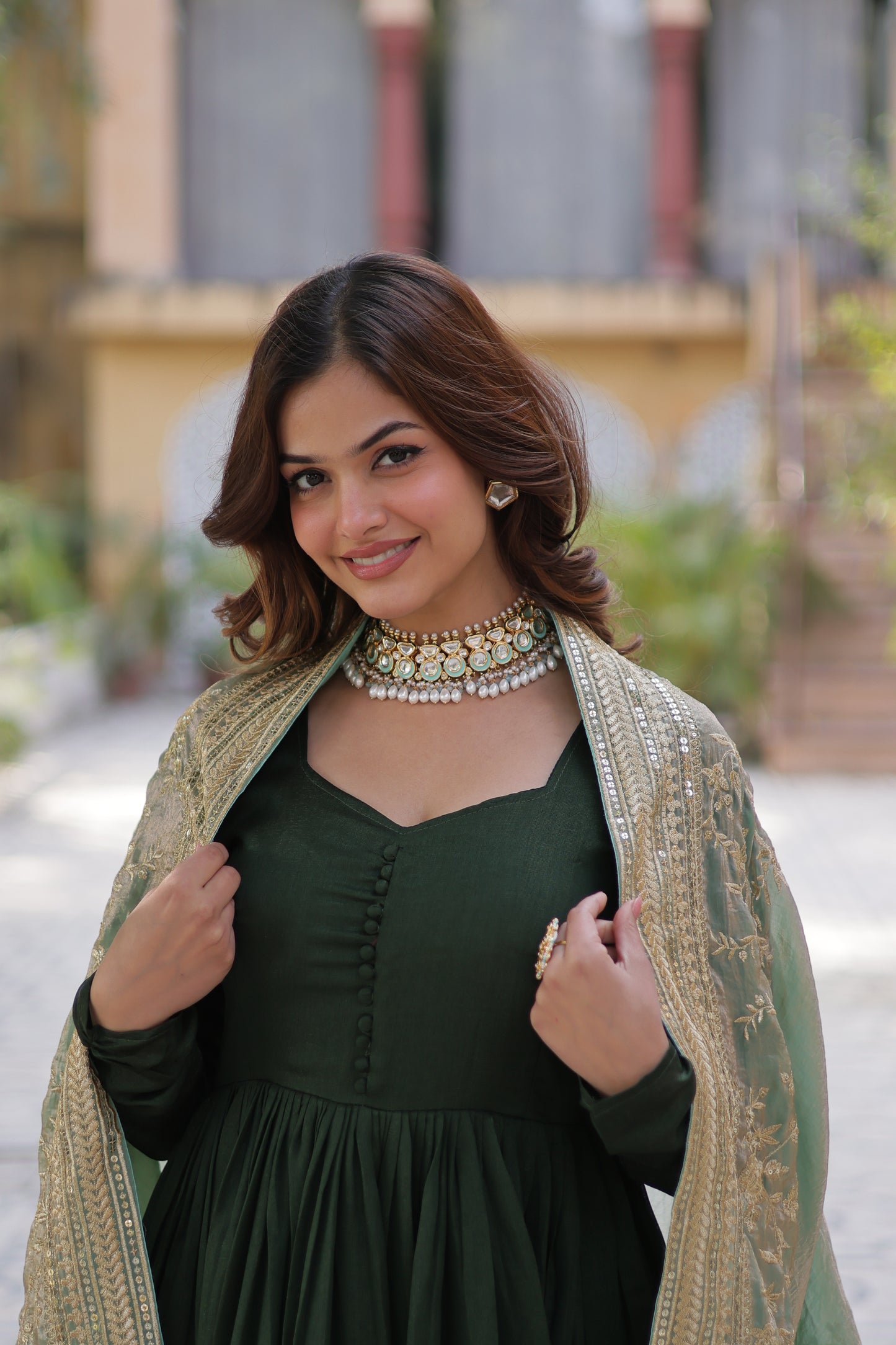 Shimmer Vichitra Gown with Dupatta – Rich Sequins Embroidery & Fancy V-Neck | 2025 Collection