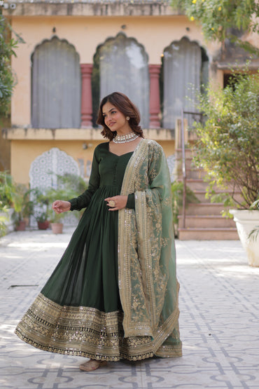 Shimmer Vichitra Gown with Dupatta – Rich Sequins Embroidery & Fancy V-Neck | 2025 Collection