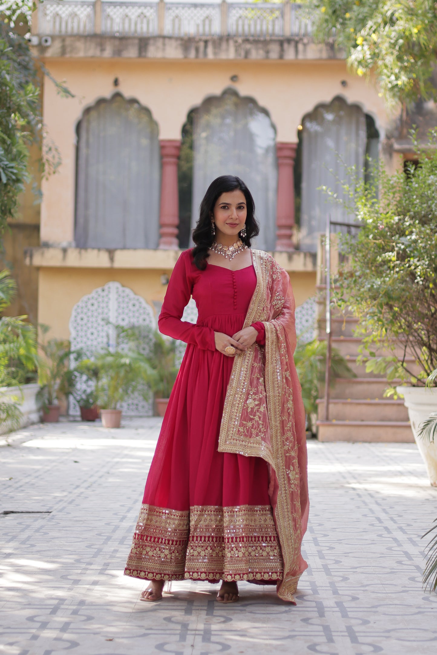 Shimmer Vichitra Gown with Dupatta – Rich Sequins Embroidery & Fancy V-Neck | 2025 Collection